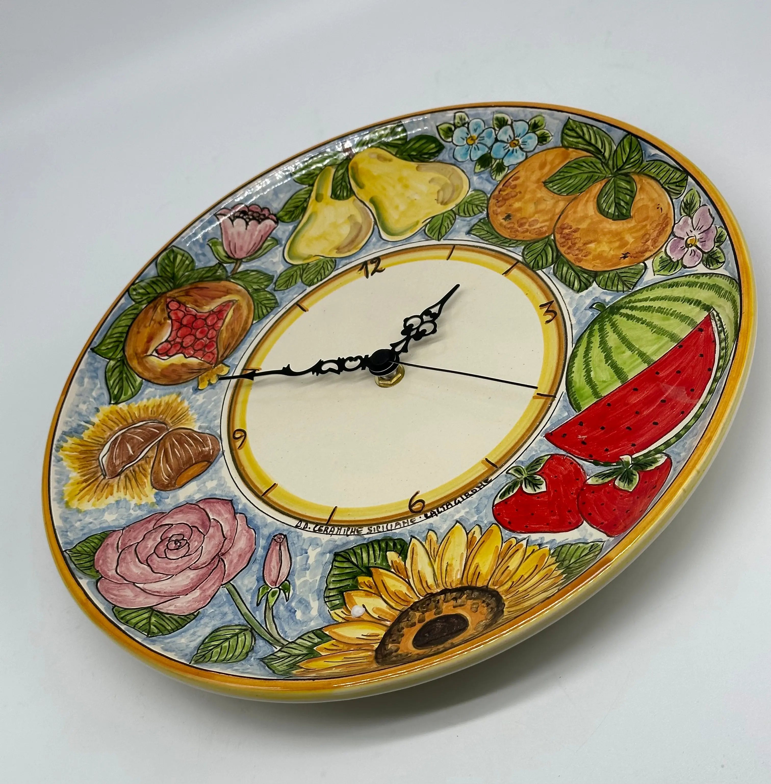 Orologio da Parete Ceramica Caltagirone Rotondo dipinto a mano cm D.30 Decoro n.12g DD CERAMICHE SICILIANE