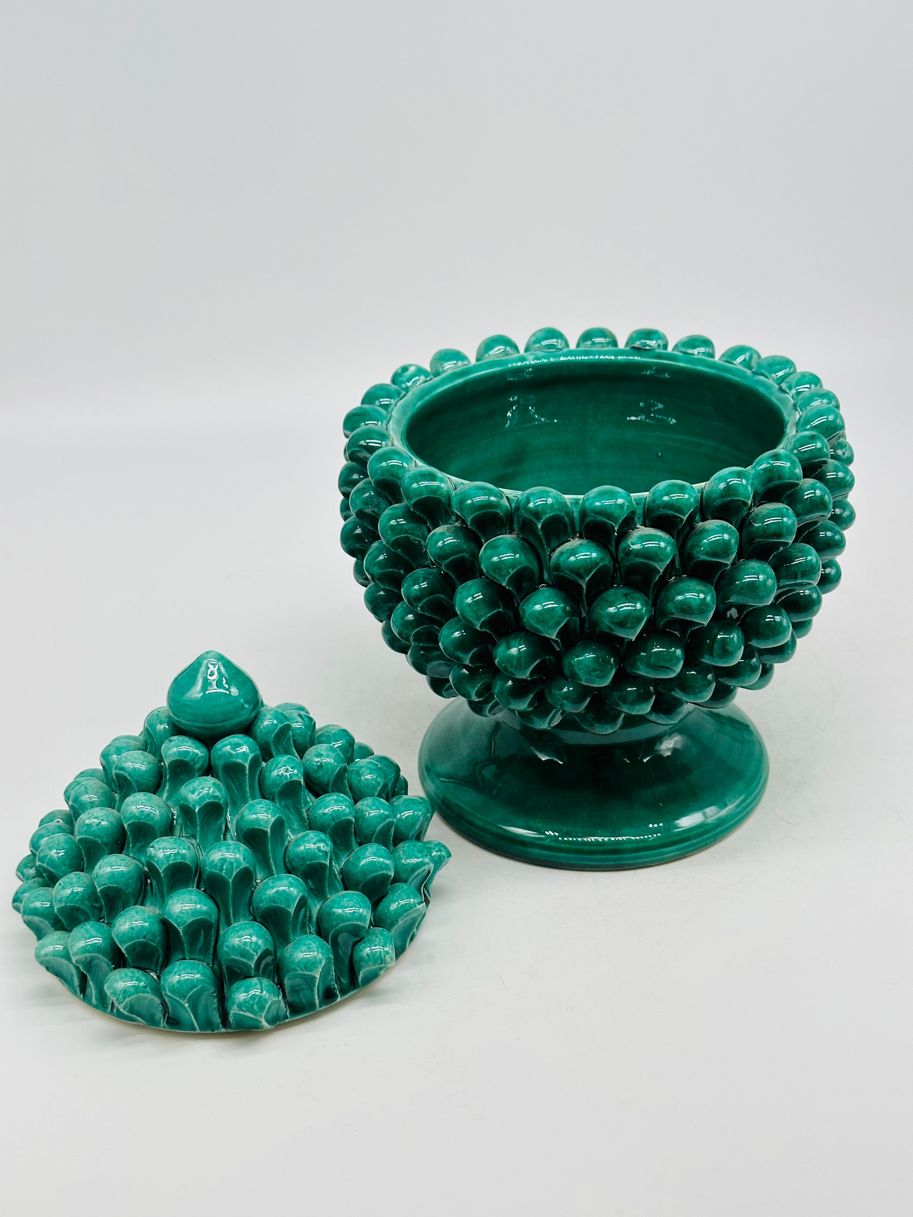 Barattolo Pigna con Coperchio H.23cm Ceramica Caltagirone Verde - OGGETTISTICA