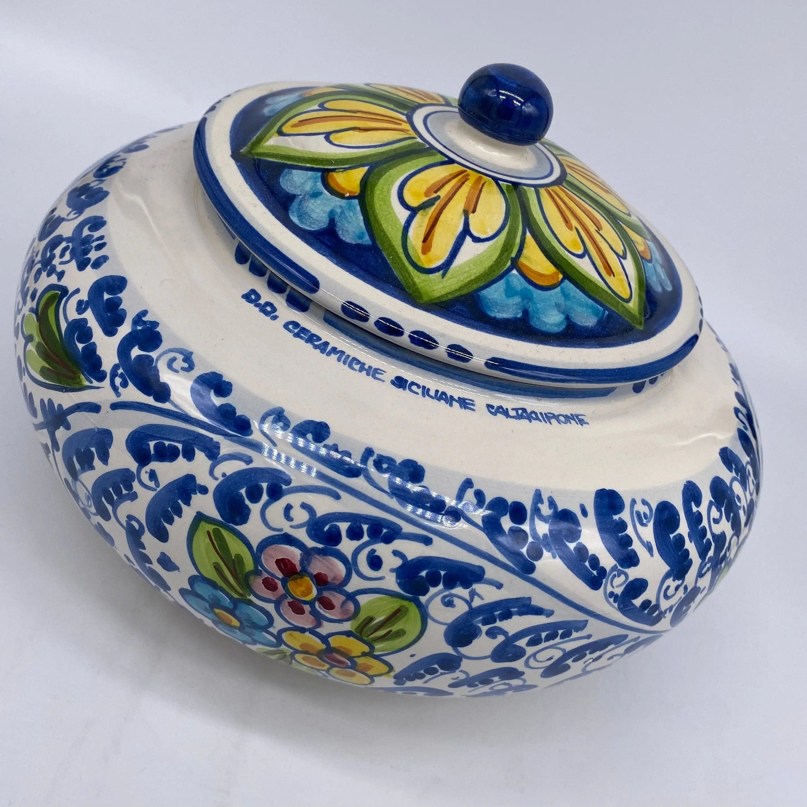 Biscottiera Decorata 600 Fiori Ceramica Caltagirone cm H.18 L.24 Artigianale DD CERAMICHE SICILIANE