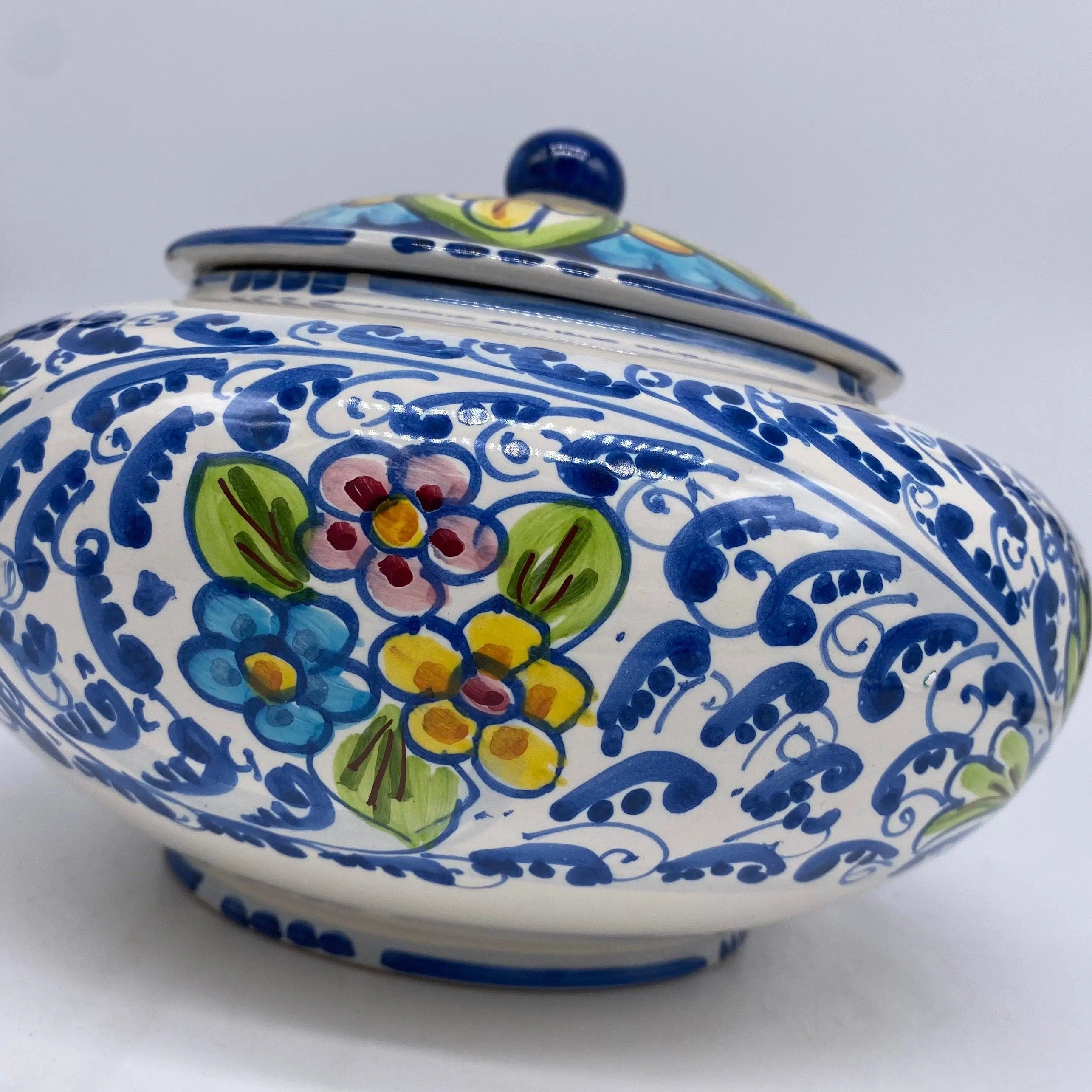 Biscottiera Decorata 600 Fiori Ceramica Caltagirone cm H.18 L.24 Artigianale DD CERAMICHE SICILIANE