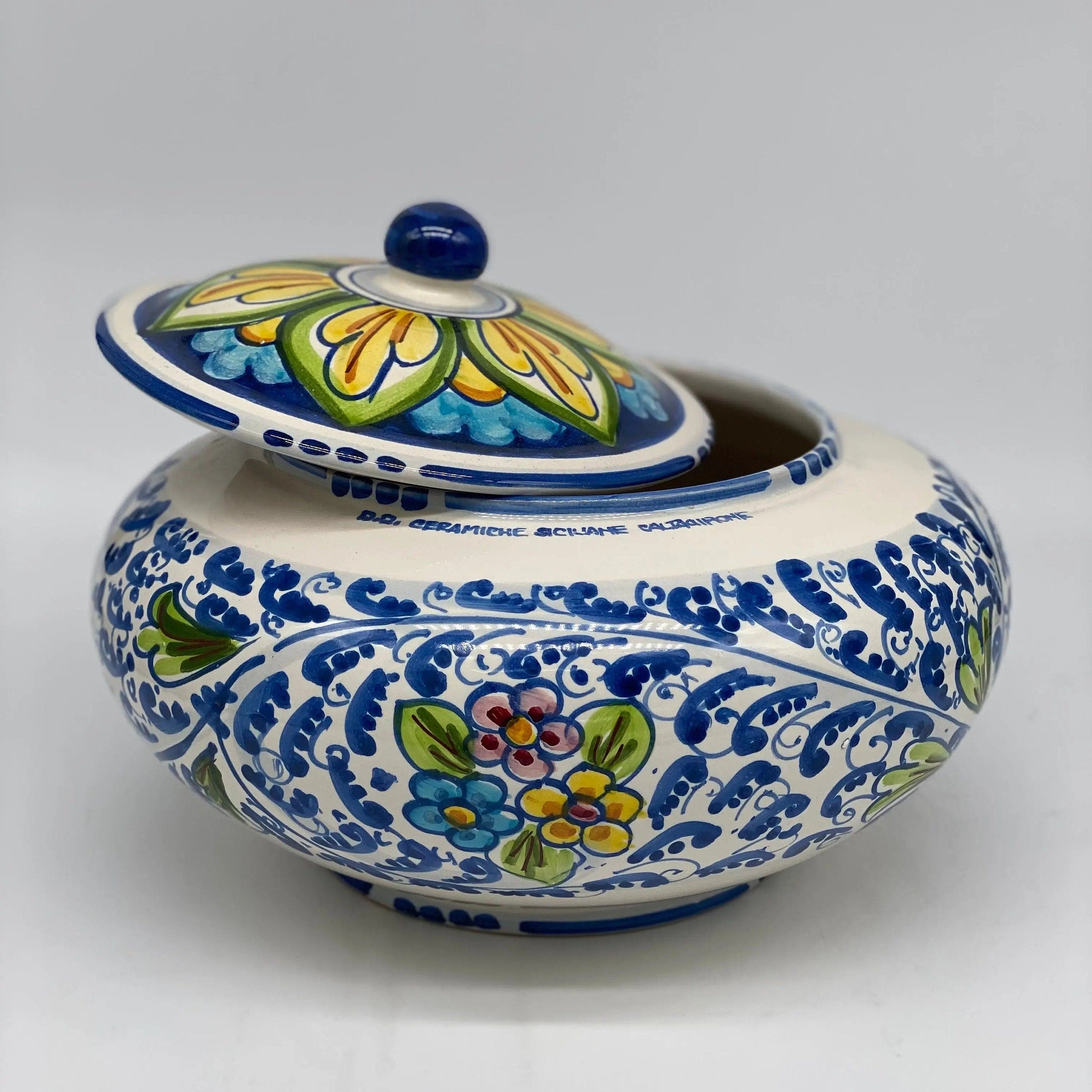 Biscottiera Decorata 600 Fiori Ceramica Caltagirone cm H.18 L.24 Artigianale DD CERAMICHE SICILIANE