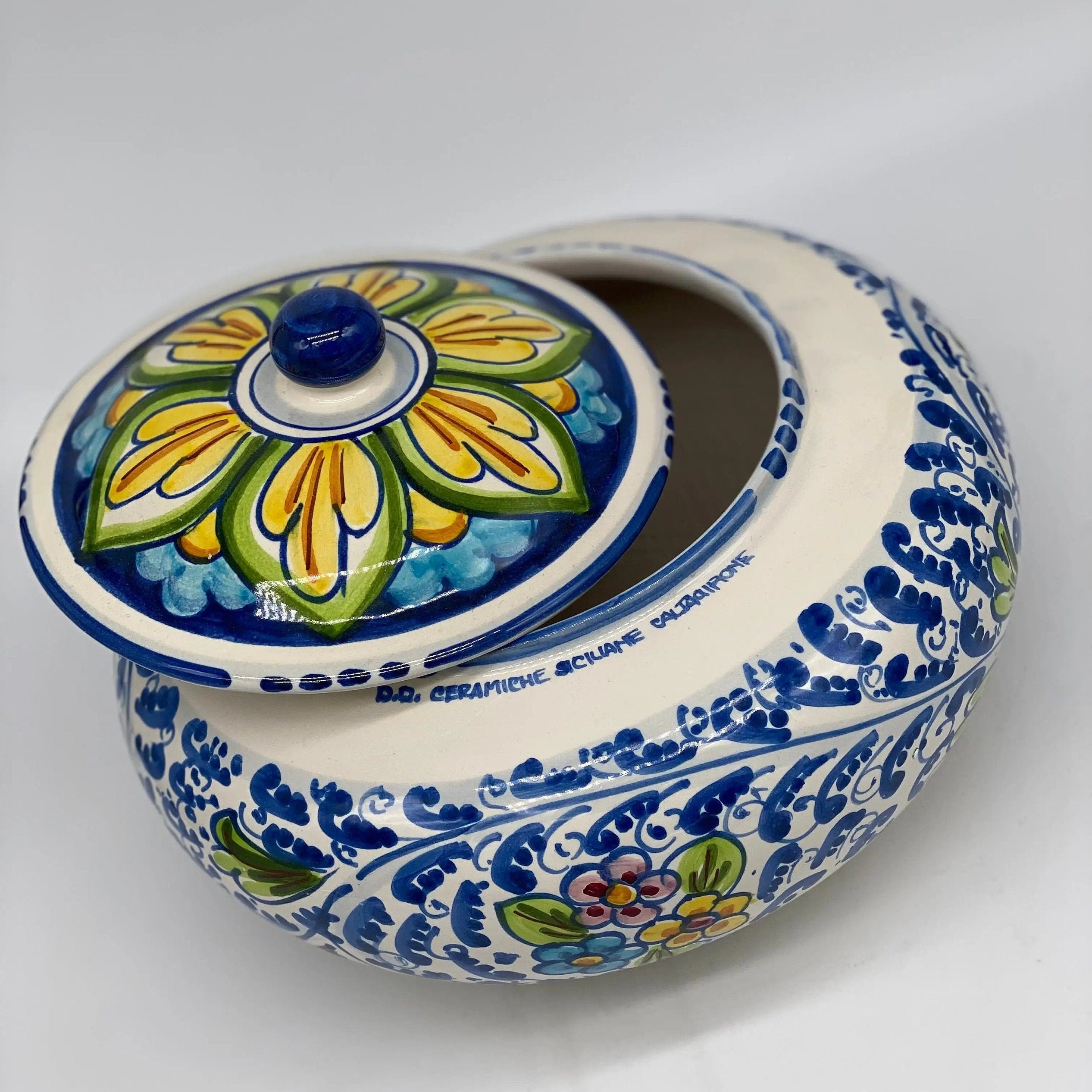 Biscottiera Decorata 600 Fiori Ceramica Caltagirone cm H.18 L.24 Artigianale DD CERAMICHE SICILIANE