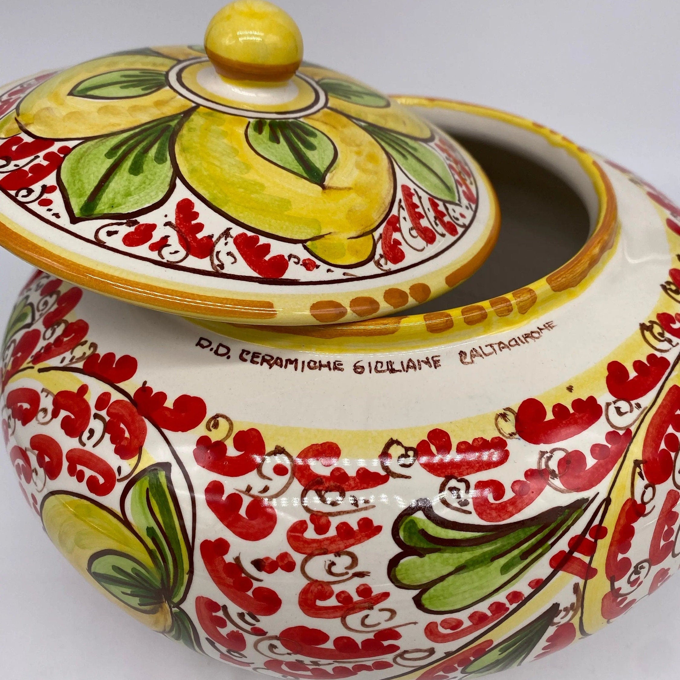 Biscottiera Decorata 600 Limoni Ceramica Caltagirone cm H.18 L.24 Artigianale DD CERAMICHE SICILIANE