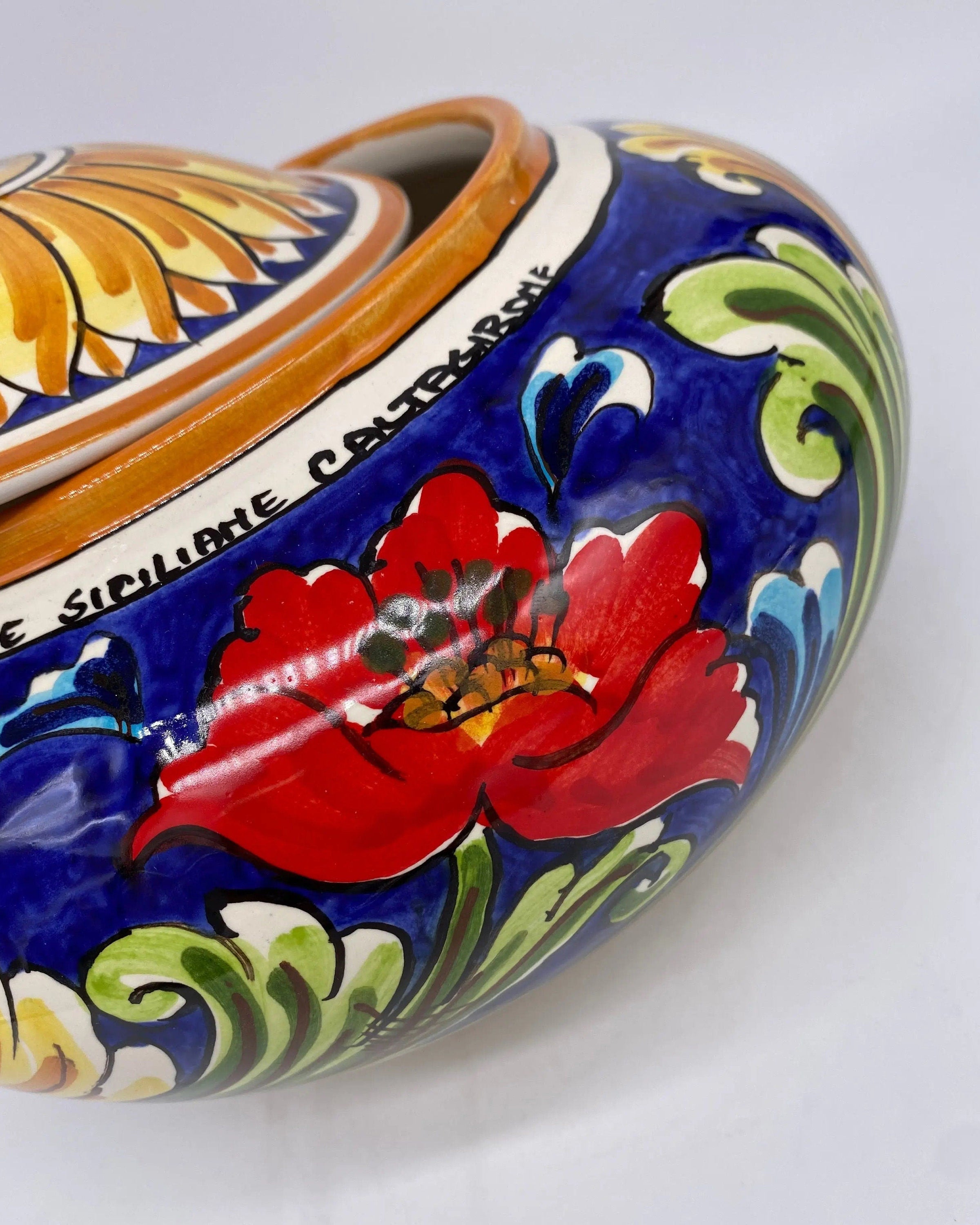 Biscottiera Decorata 700 Fiori Ceramica Caltagirone cm H.18 L.24 Artigianale DD CERAMICHE SICILIANE