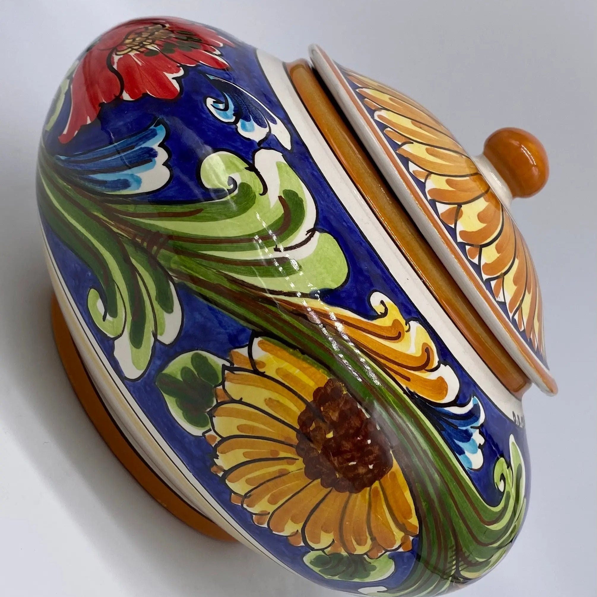 Biscottiera Decorata 700 Fiori Ceramica Caltagirone cm H.18 L.24 Artigianale DD CERAMICHE SICILIANE