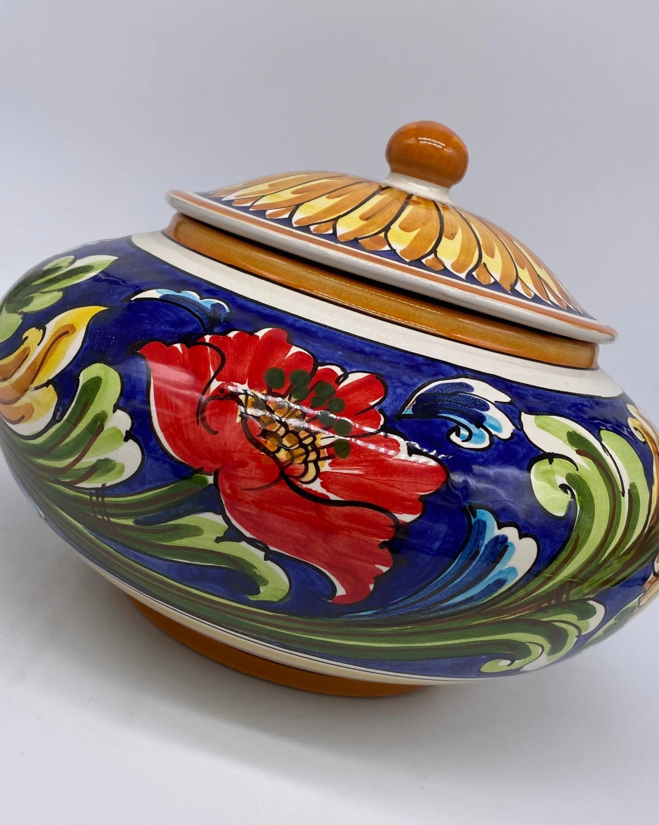 Biscottiera Decorata 700 Fiori Ceramica Caltagirone cm H.18 L.24 Artigianale DD CERAMICHE SICILIANE