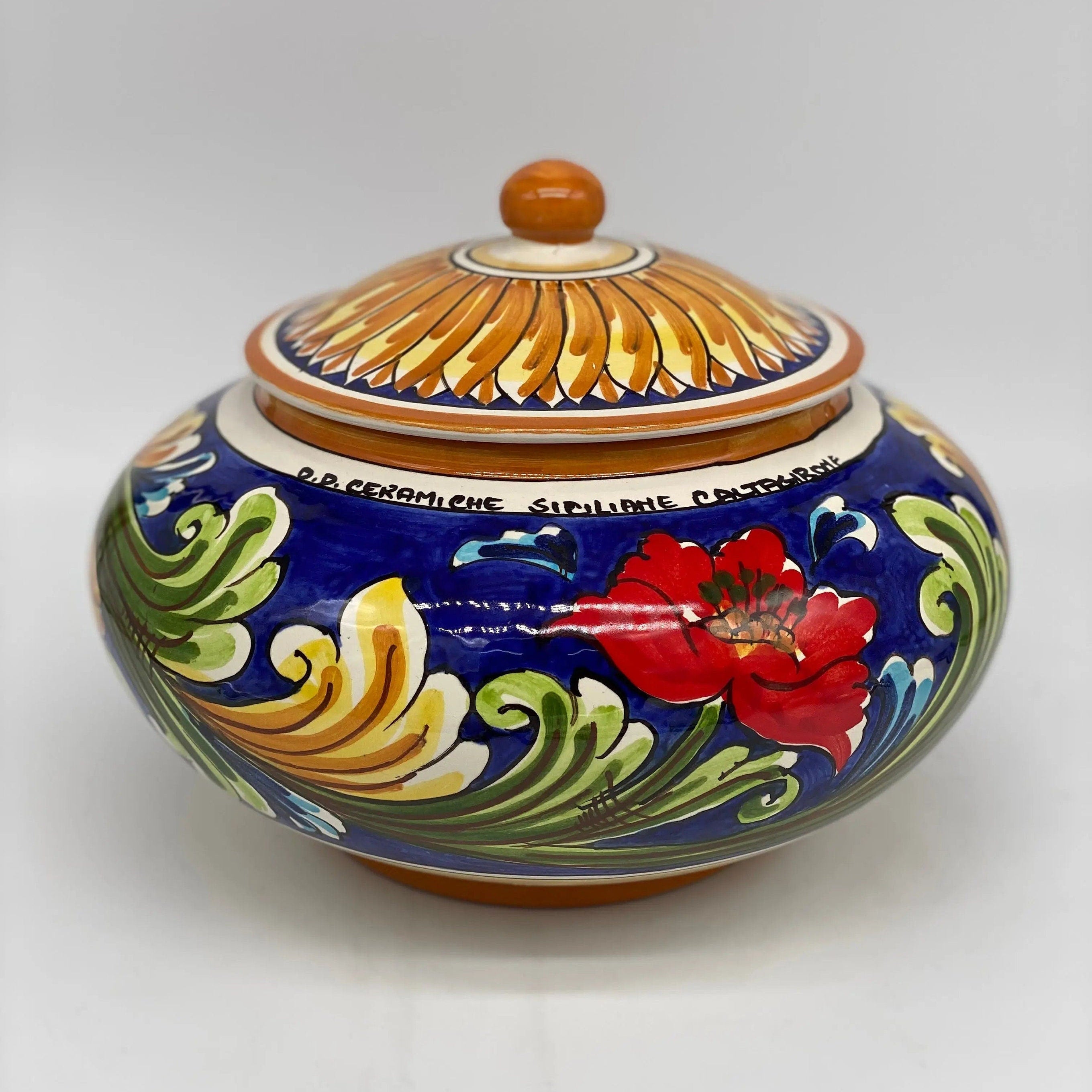 Biscottiera Decorata 700 Fiori Ceramica Caltagirone cm H.18 L.24 Artigianale DD CERAMICHE SICILIANE