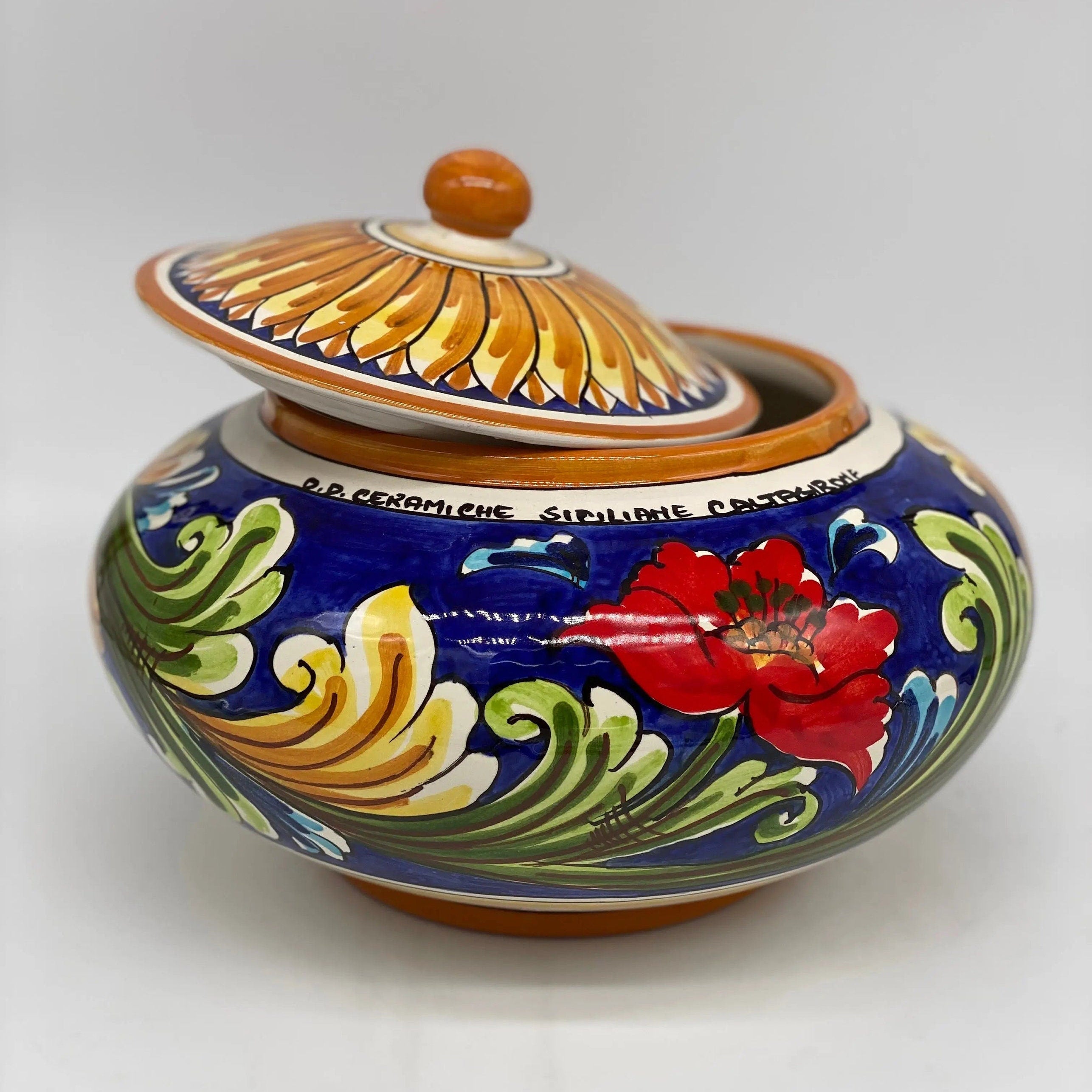 Biscottiera Decorata 700 Fiori Ceramica Caltagirone cm H.18 L.24 Artigianale DD CERAMICHE SICILIANE