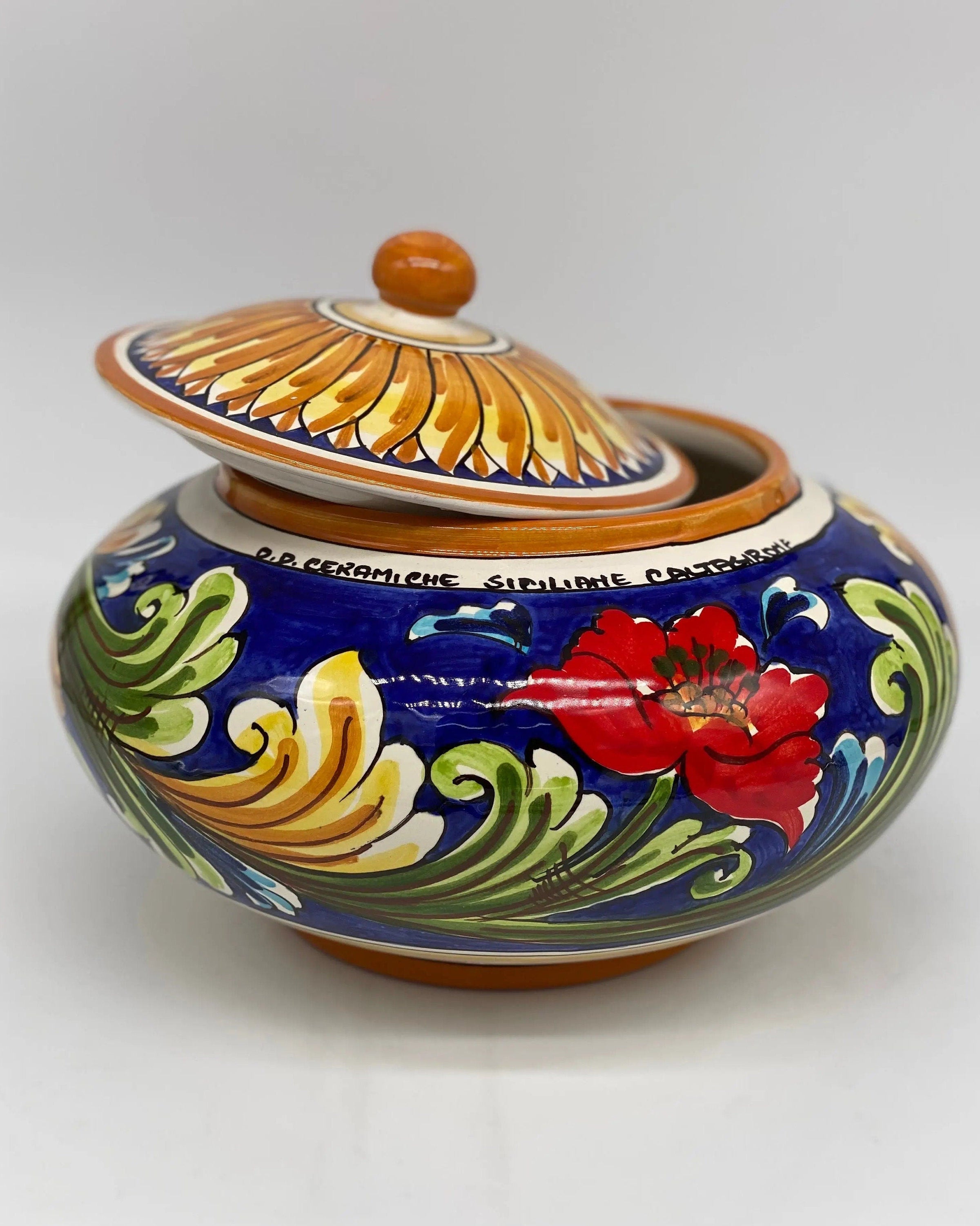 Biscottiera Decorata 700 Fiori Ceramica Caltagirone cm H.18 L.24 Artigianale DD CERAMICHE SICILIANE