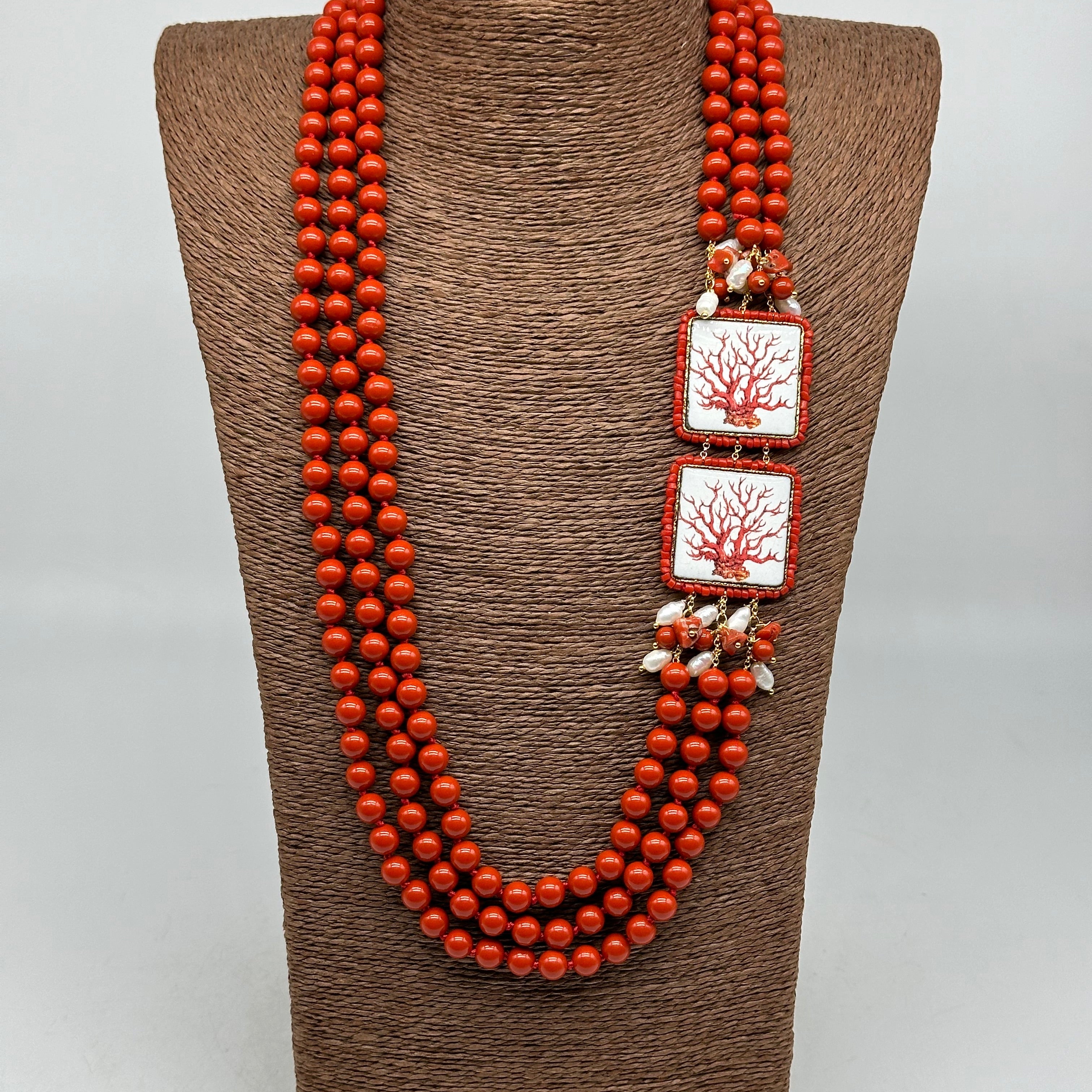 Collana 3 giri di Pietre Corallo 2 Piastrelle Ceramica di Caltagirone Perle - BIJOUX