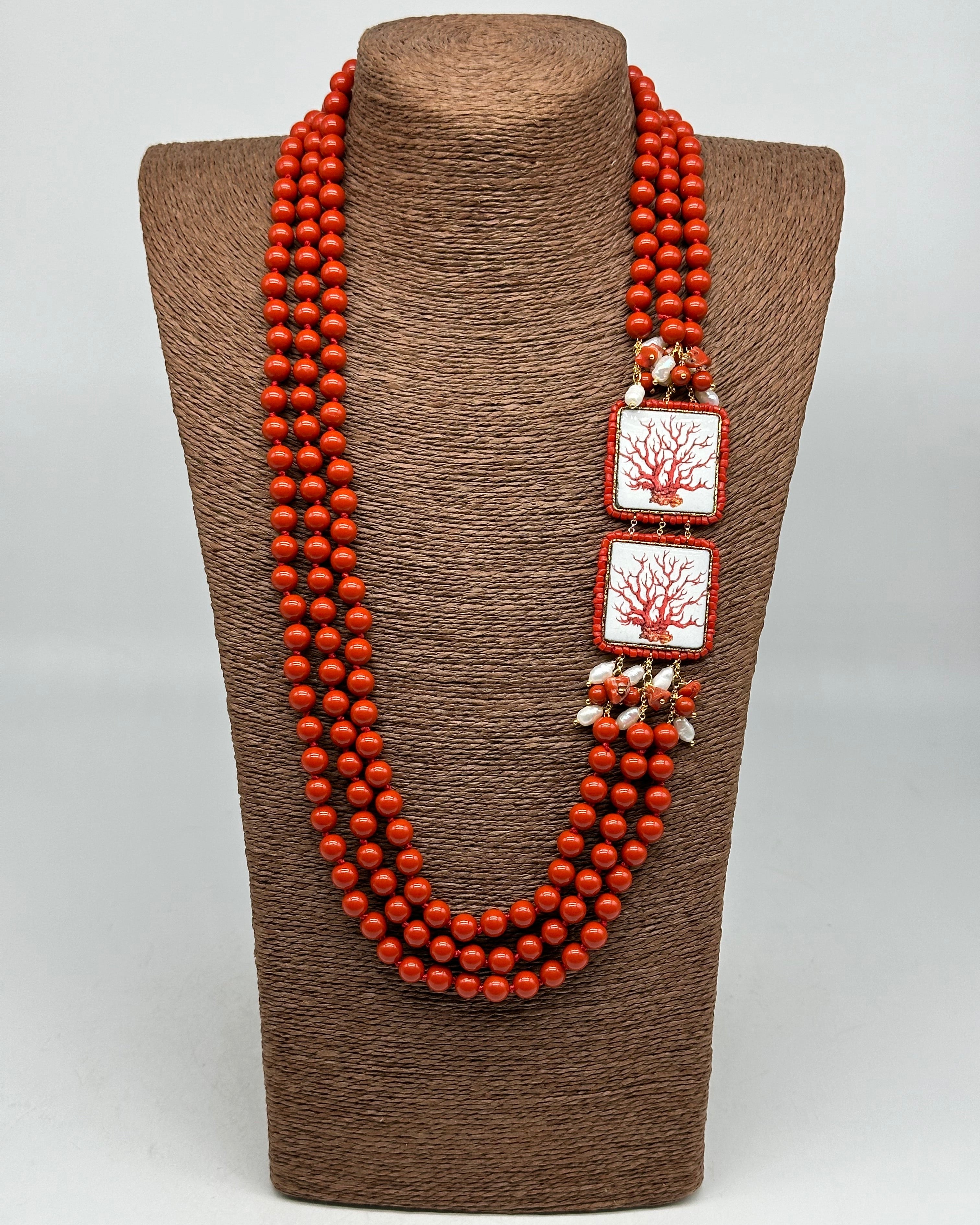 Collana 3 giri di Pietre Corallo 2 Piastrelle Ceramica di Caltagirone Perle - BIJOUX
