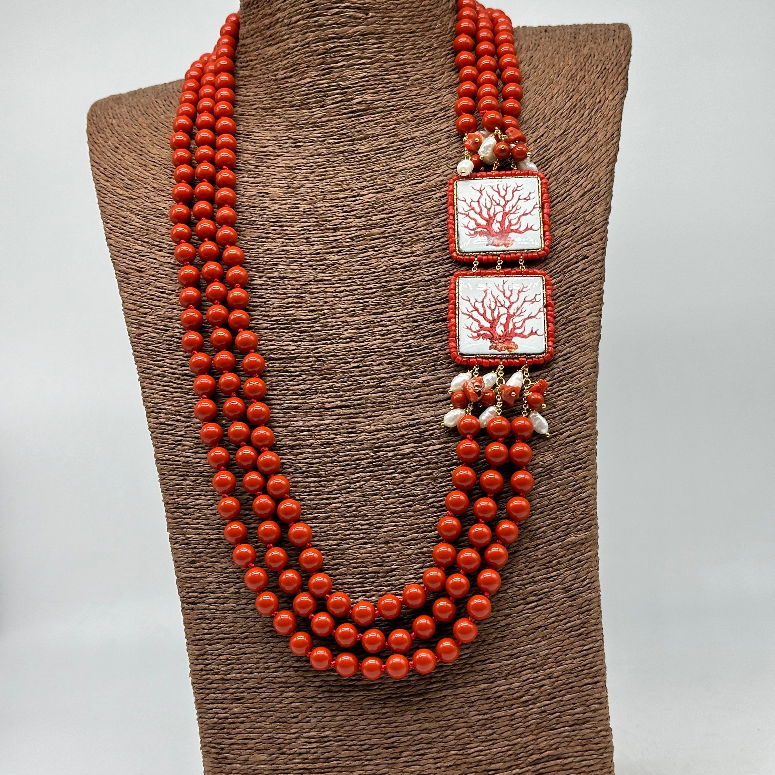 Collana 3 giri di Pietre Corallo 2 Piastrelle Ceramica di Caltagirone Perle - BIJOUX