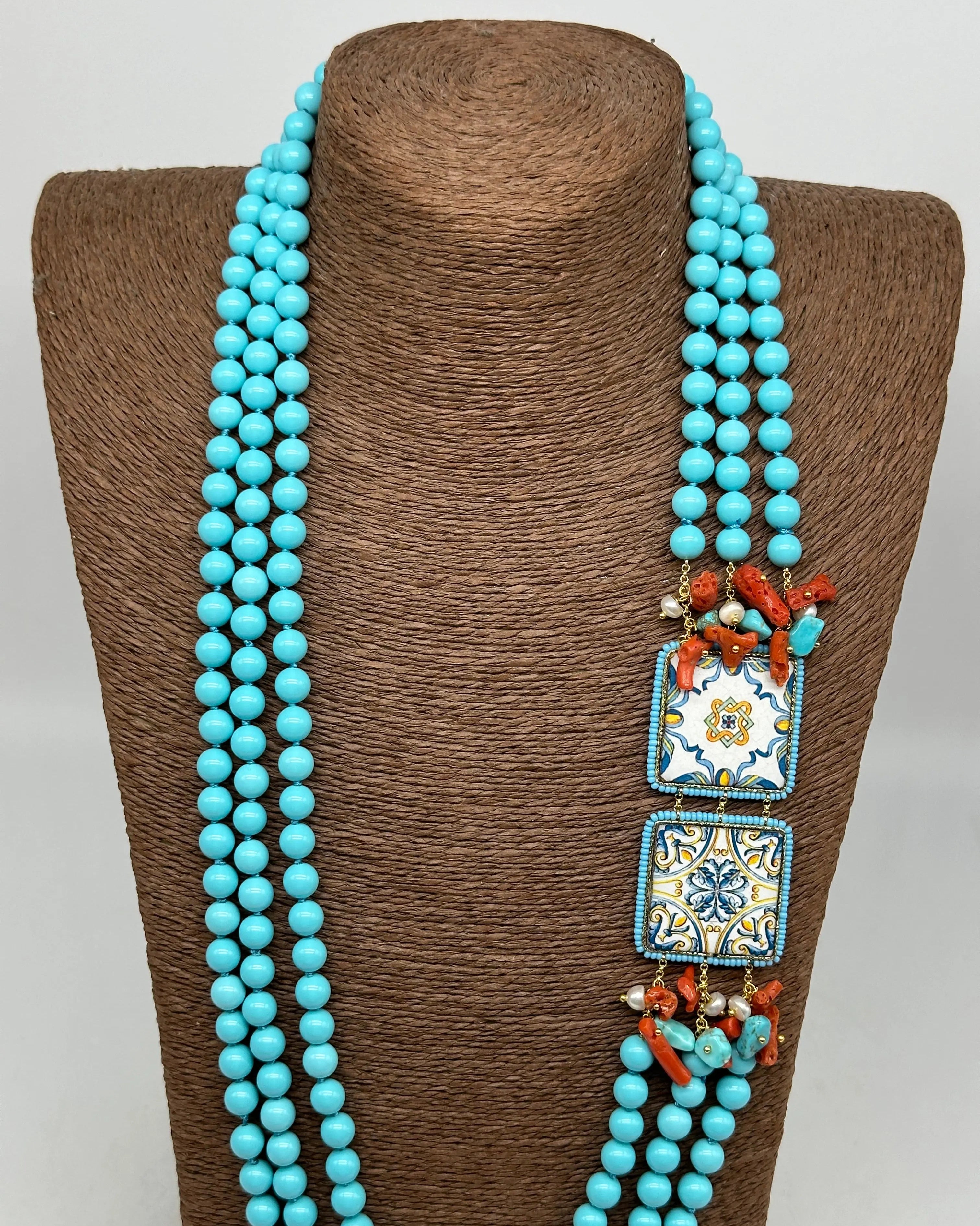 Collana 3 giri di Pietre Turchese, 2 Piastrelle Ceramica di Caltagirone, Corallo DD CERAMICHE SICILIANE