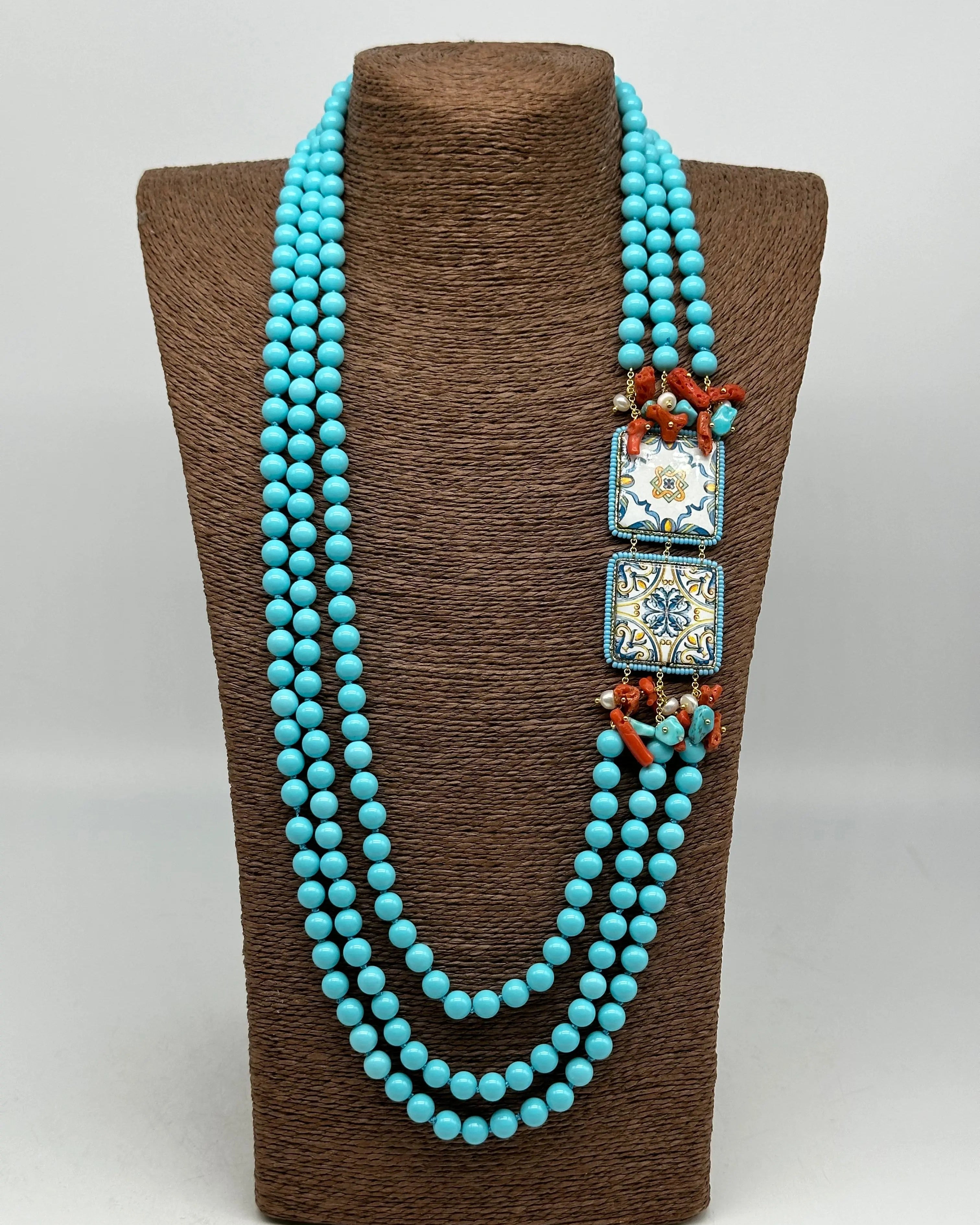 Collana 3 giri di Pietre Turchese, 2 Piastrelle Ceramica di Caltagirone, Corallo DD CERAMICHE SICILIANE