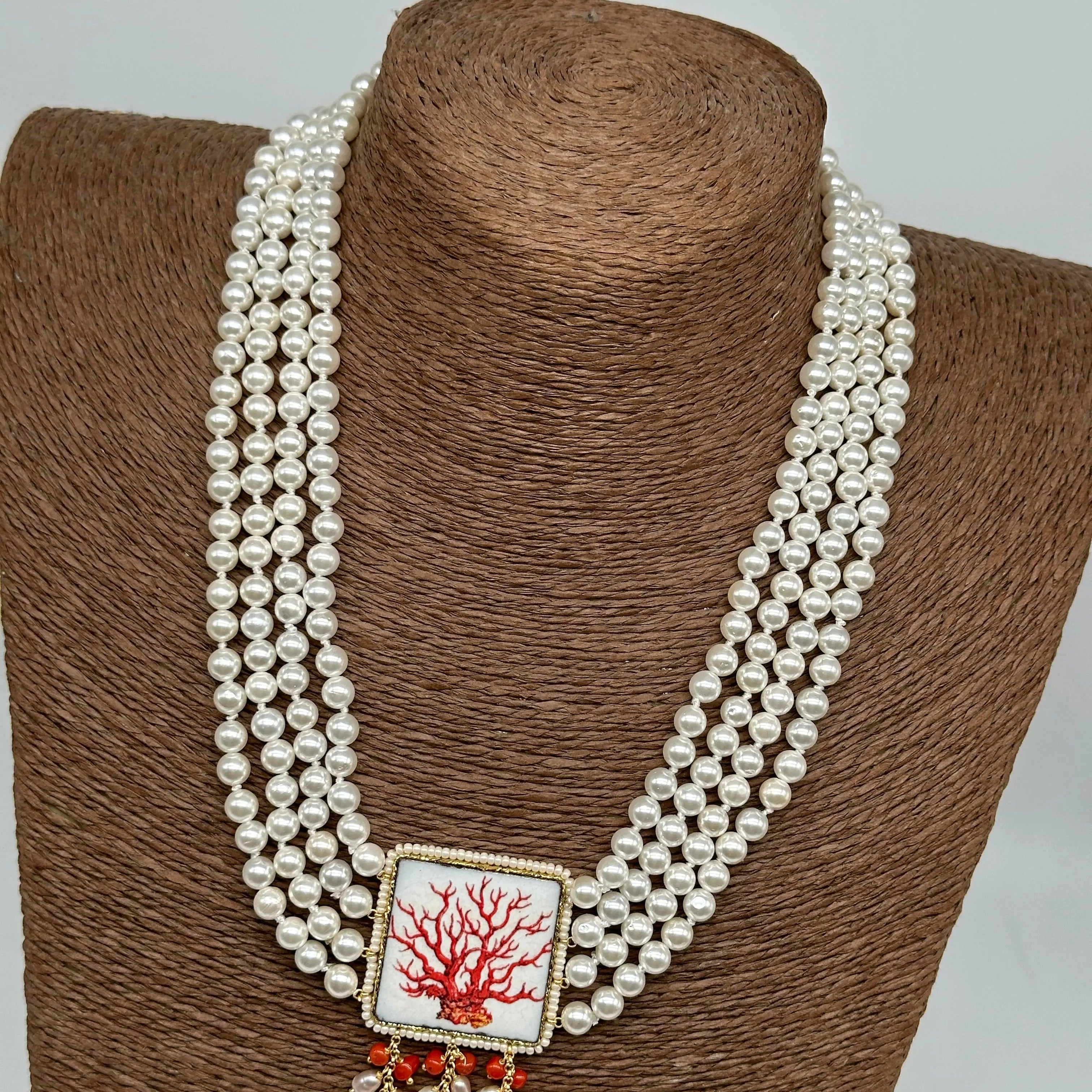 Collana 4 giri di Perle, Piastrella Ceramica di Caltagirone, Corallo DD CERAMICHE SICILIANE