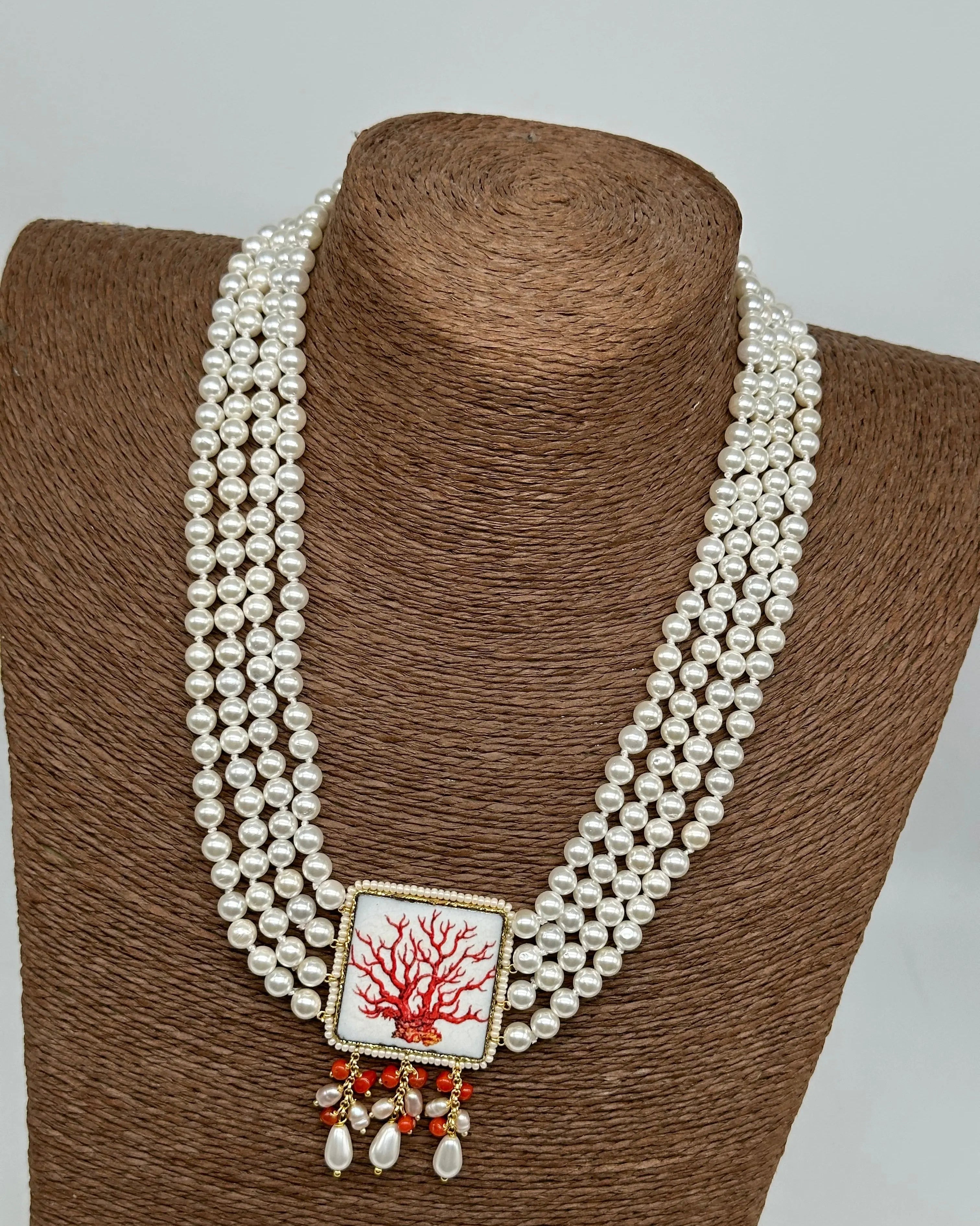 Collana 4 giri di Perle, Piastrella Ceramica di Caltagirone, Corallo DD CERAMICHE SICILIANE