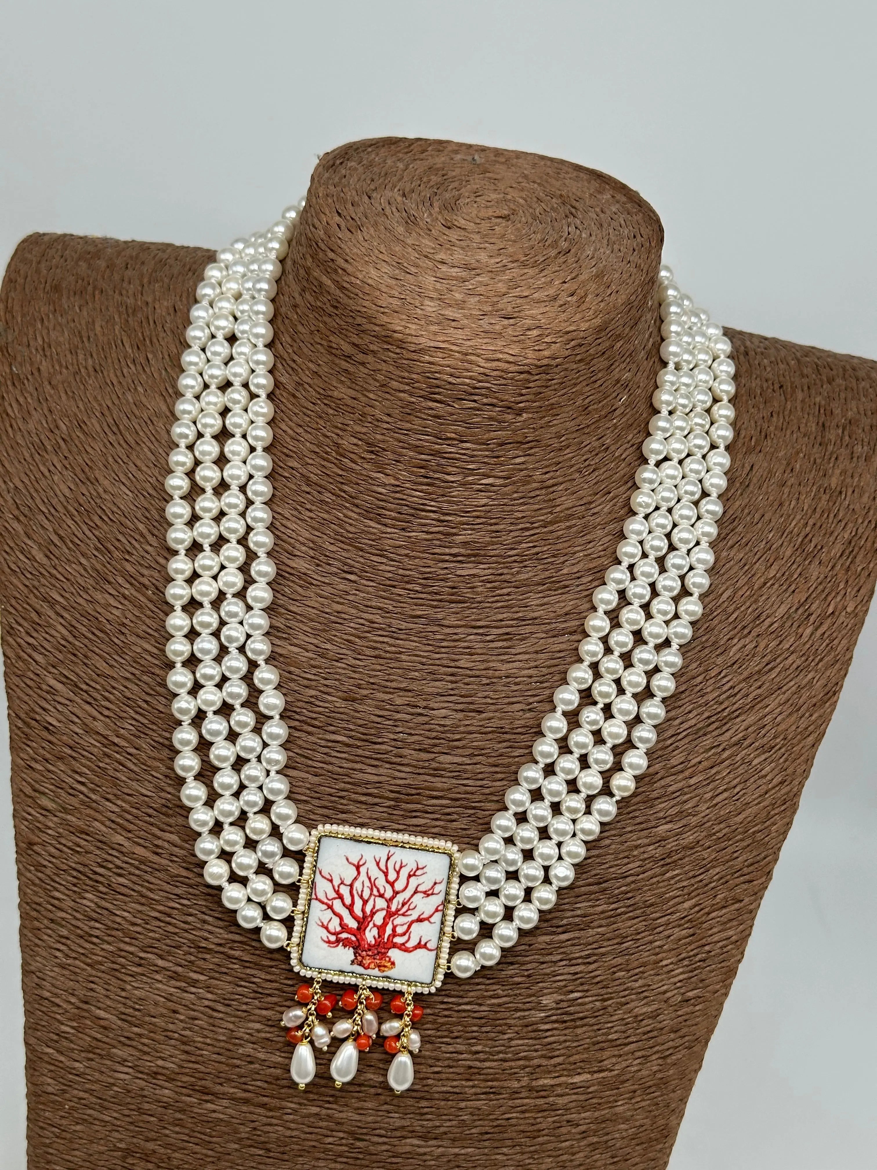 Collana 4 giri di Perle, Piastrella Ceramica di Caltagirone, Corallo DD CERAMICHE SICILIANE