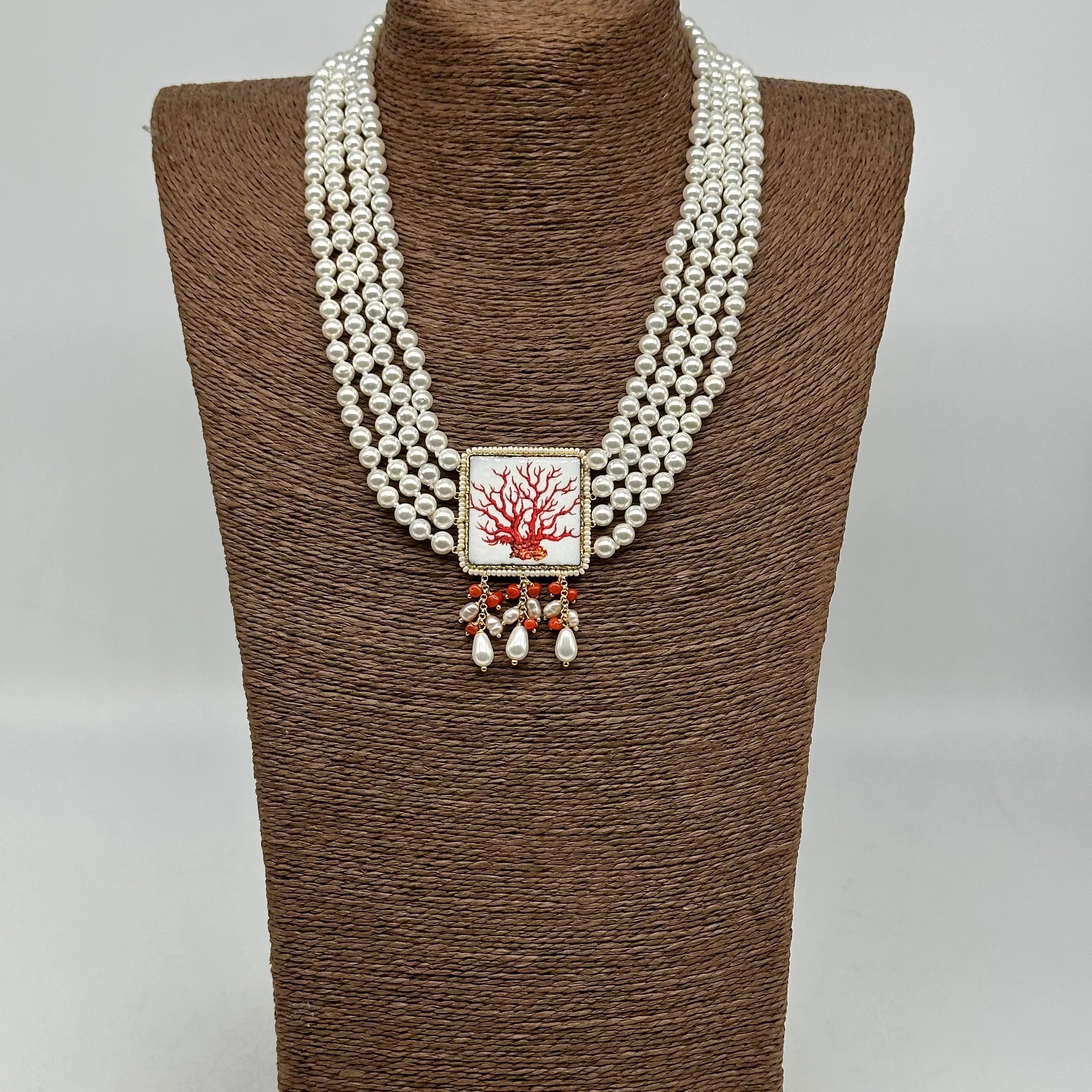 Collana 4 giri di Perle, Piastrella Ceramica di Caltagirone, Corallo DD CERAMICHE SICILIANE