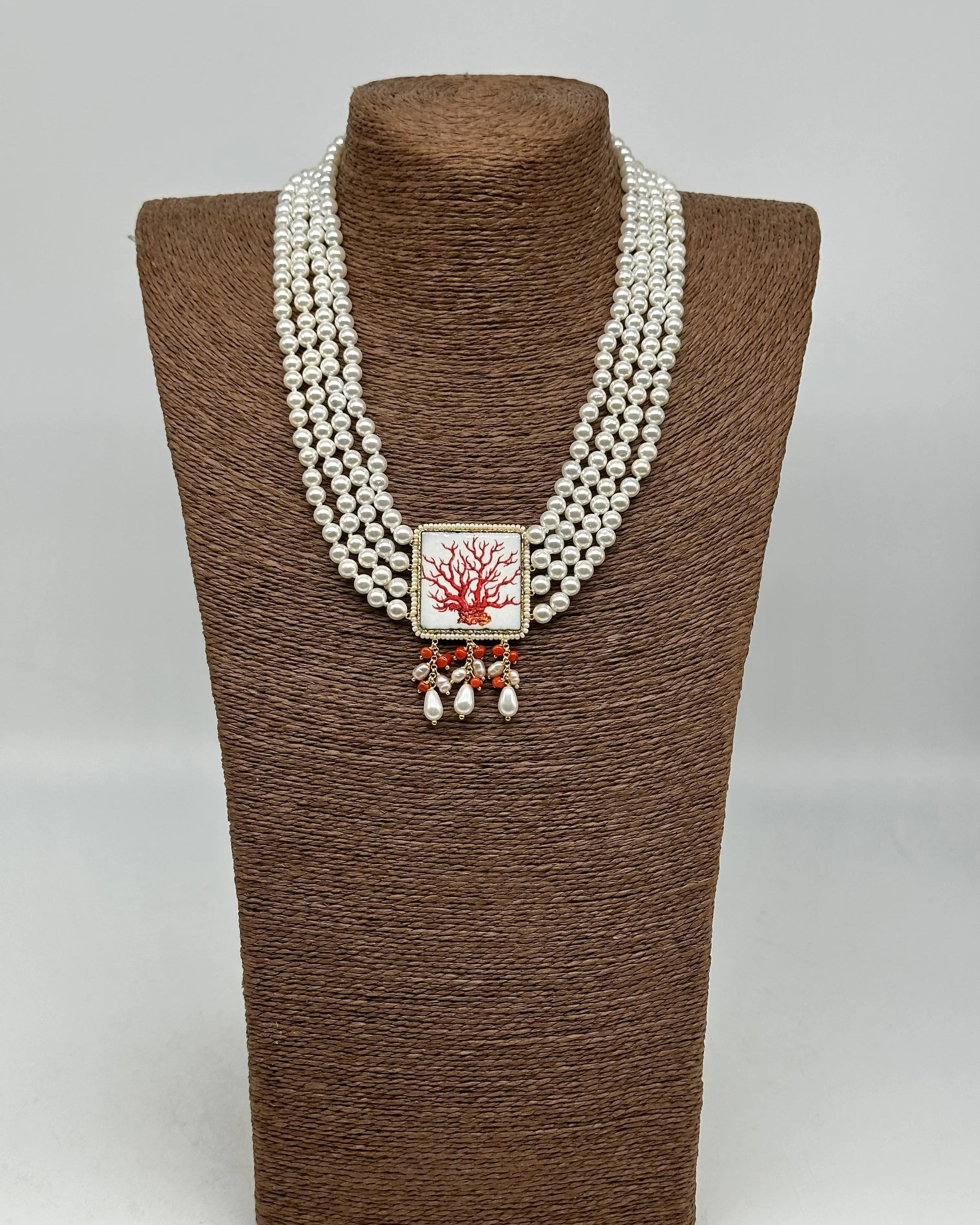 Collana 4 giri di Perle, Piastrella Ceramica di Caltagirone, Corallo DD CERAMICHE SICILIANE