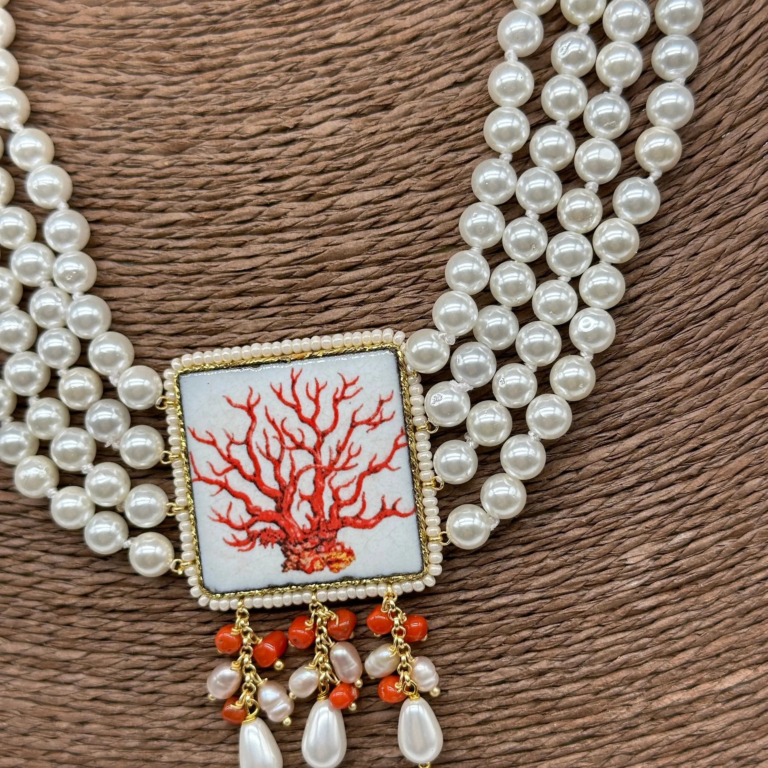 Collana 4 giri di Perle, Piastrella Ceramica di Caltagirone, Corallo DD CERAMICHE SICILIANE