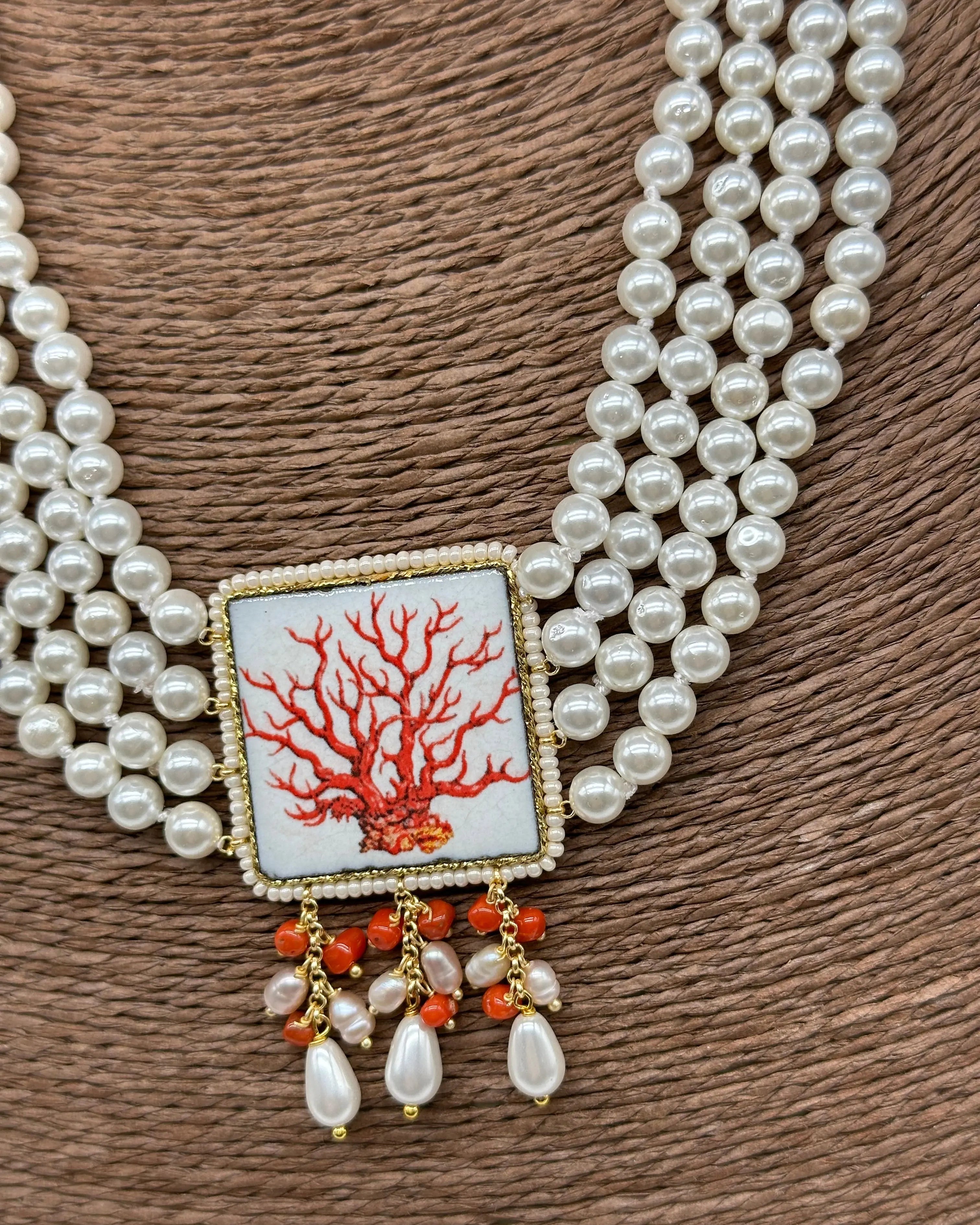 Collana 4 giri di Perle, Piastrella Ceramica di Caltagirone, Corallo DD CERAMICHE SICILIANE