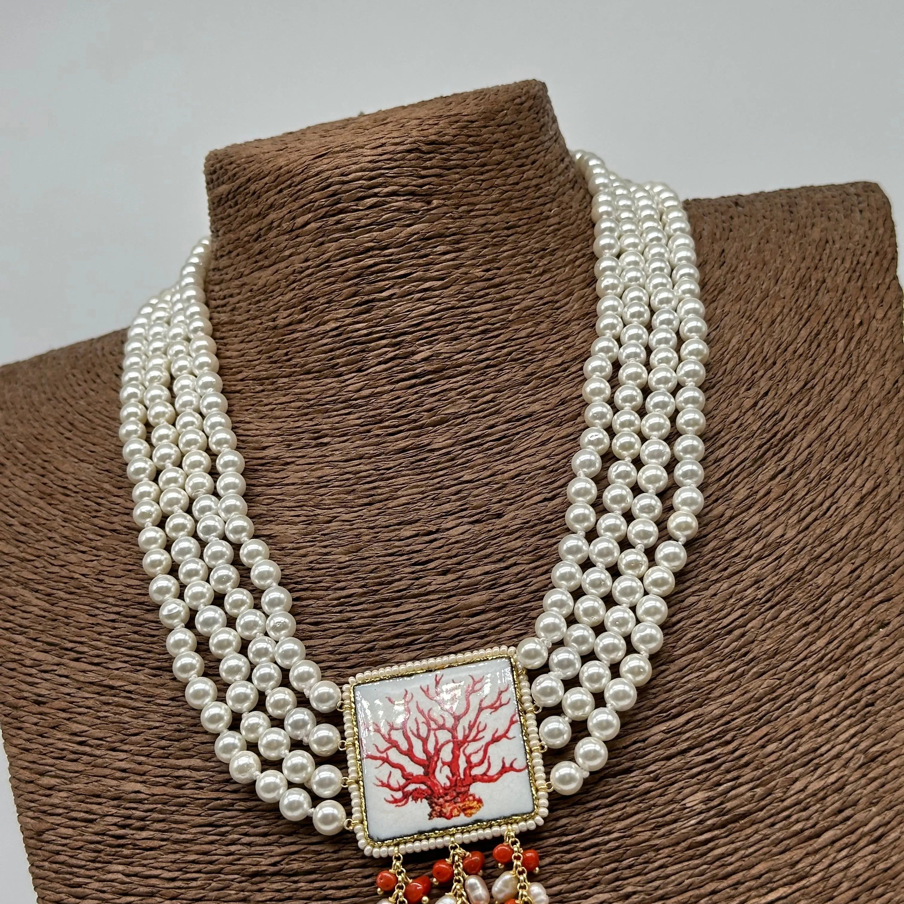 Collana 4 giri di Perle, Piastrella Ceramica di Caltagirone, Corallo DD CERAMICHE SICILIANE