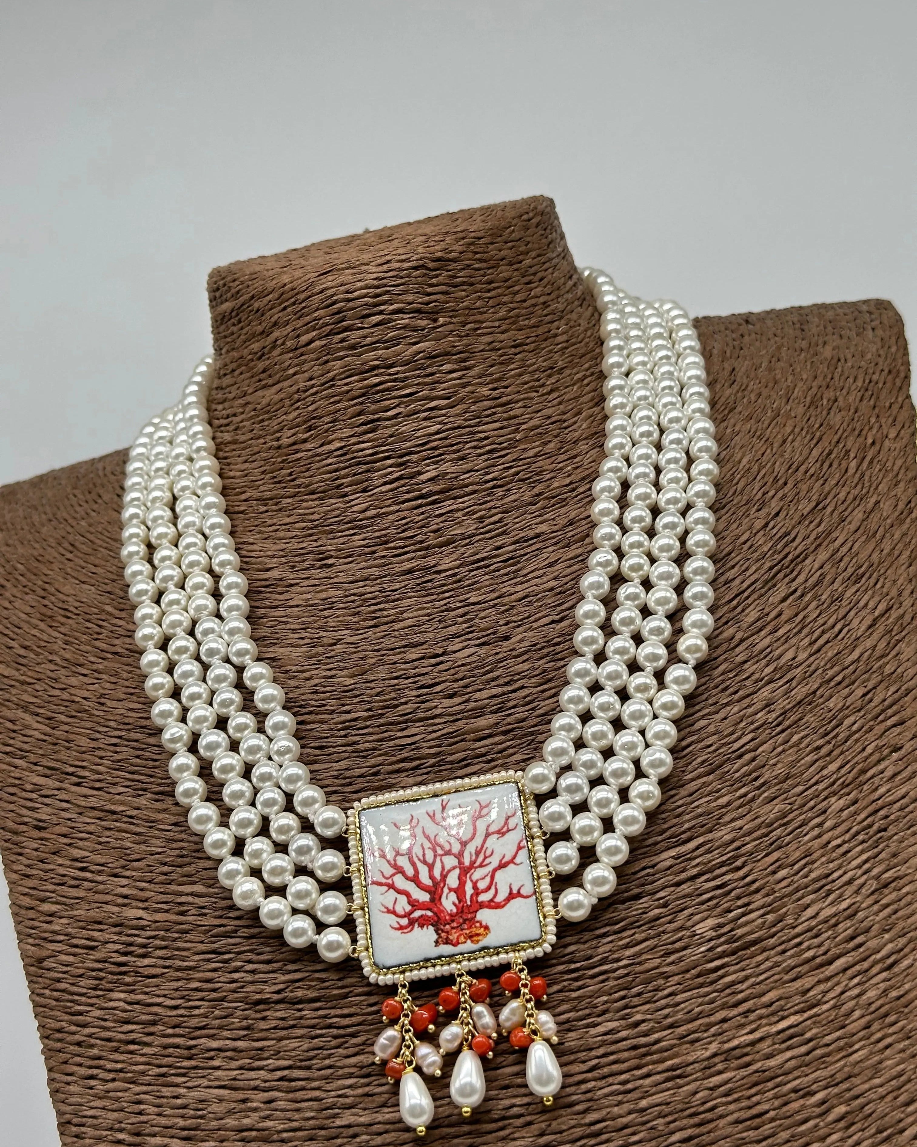 Collana 4 giri di Perle, Piastrella Ceramica di Caltagirone, Corallo DD CERAMICHE SICILIANE