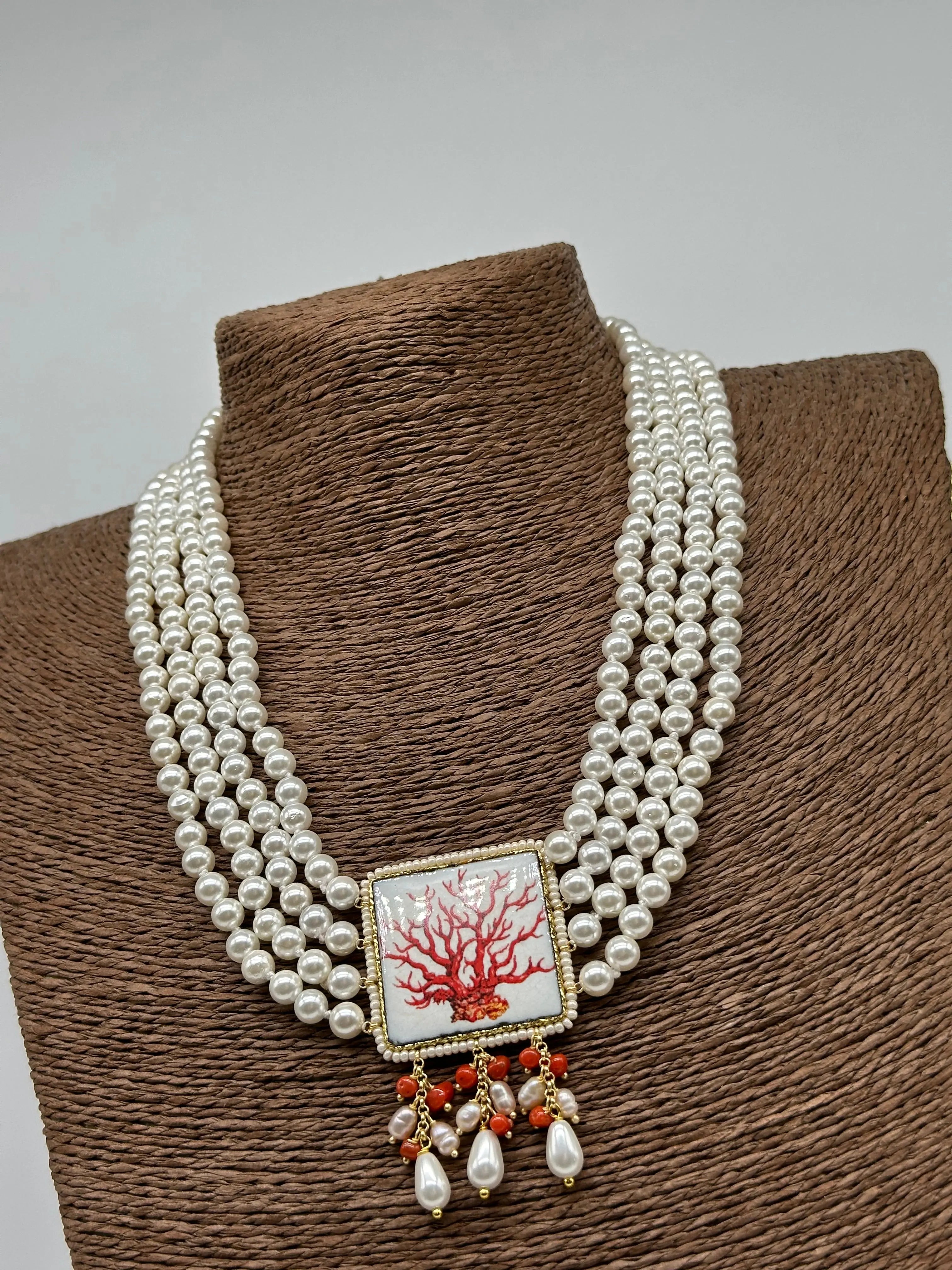 Collana 4 giri di Perle, Piastrella Ceramica di Caltagirone, Corallo DD CERAMICHE SICILIANE