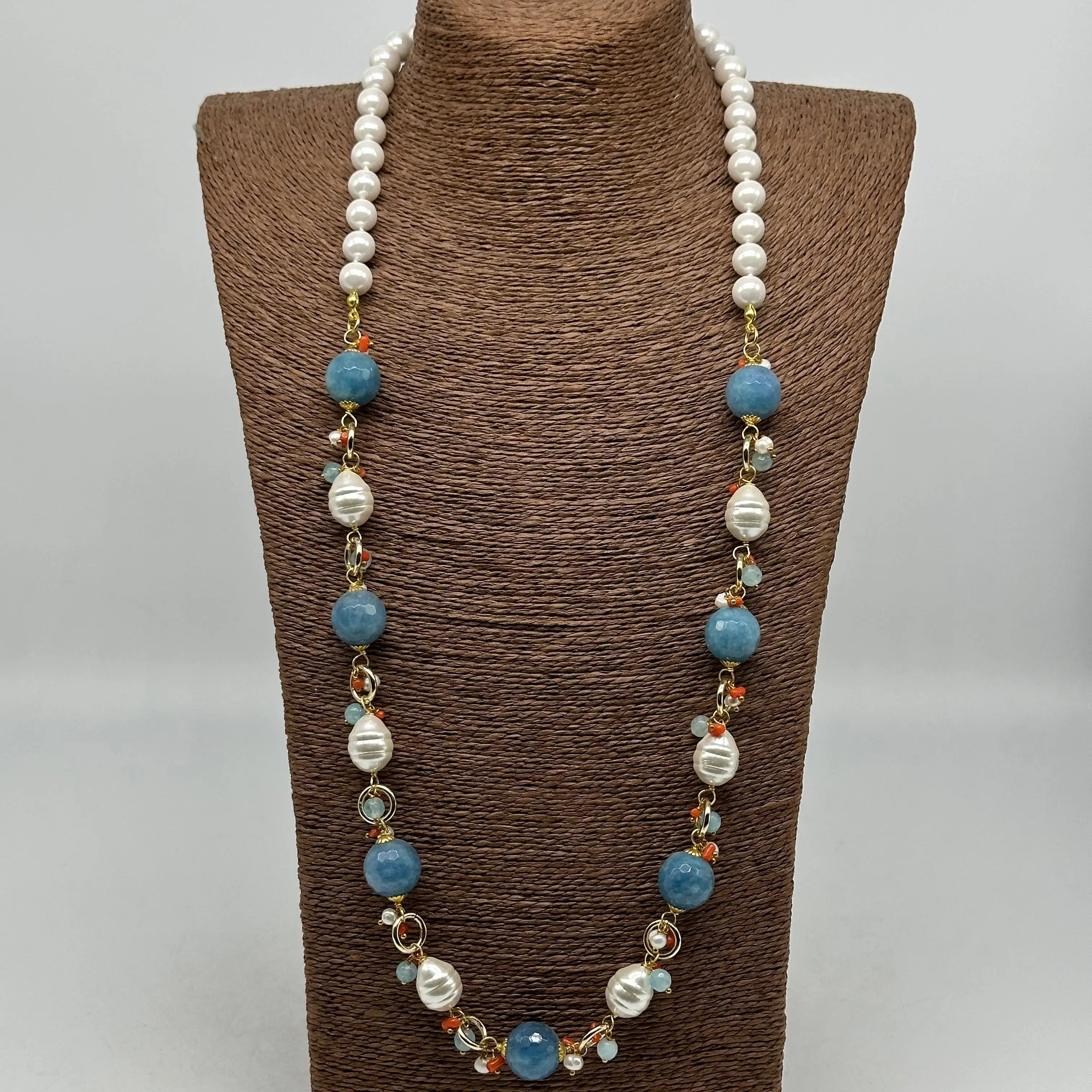 Collana Artigianale Pietre Azzurre, Corallo e Perle bianche V.1 DD CERAMICHE SICILIANE