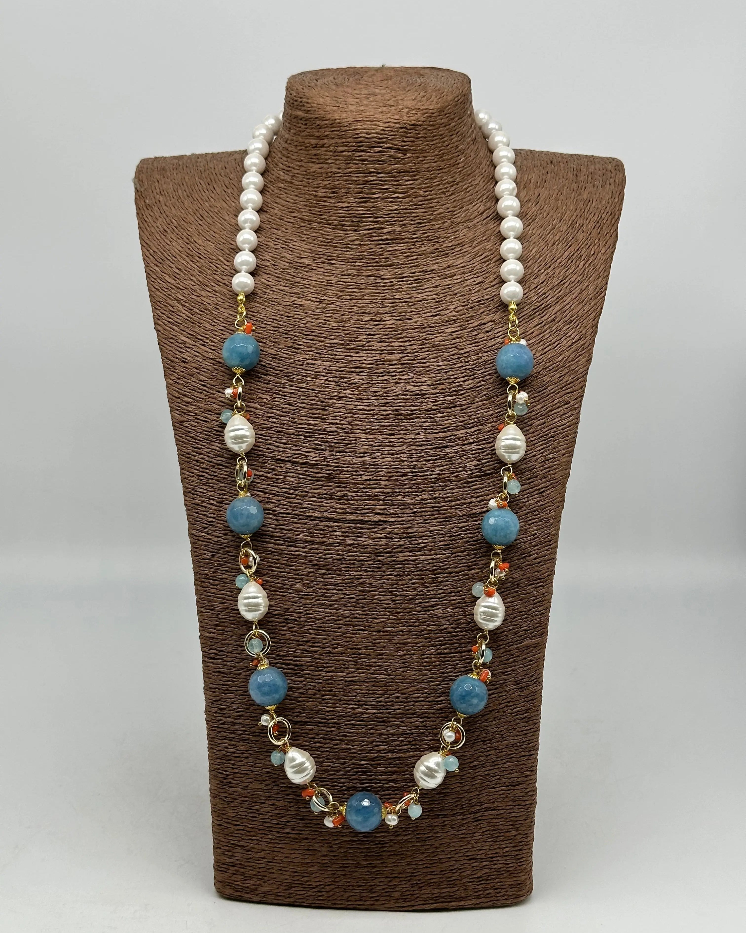 Collana Artigianale Pietre Azzurre, Corallo e Perle bianche V.1 DD CERAMICHE SICILIANE