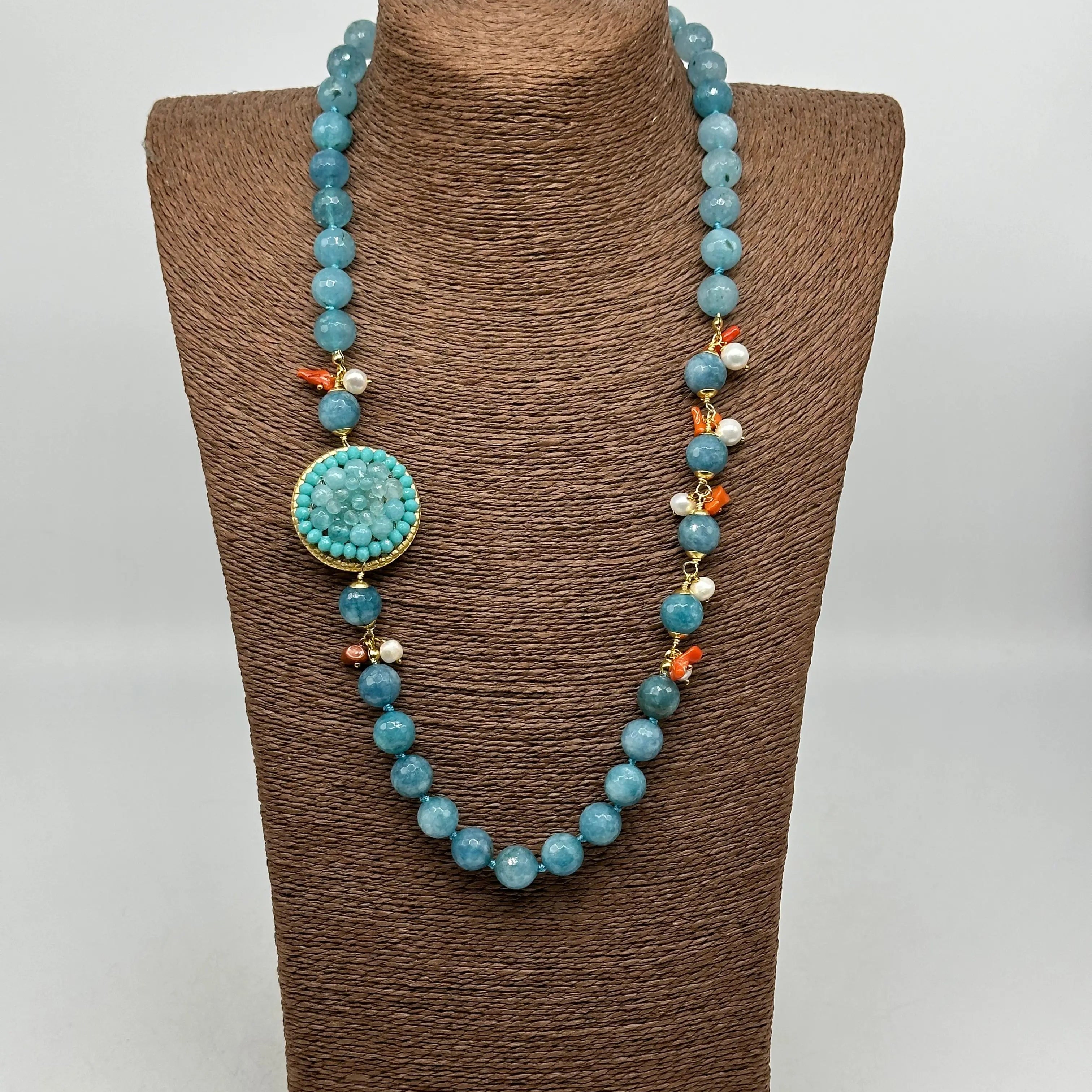 Collana Artigianale Pietre Azzurre, Corallo e Perle bianche V.2 DD CERAMICHE SICILIANE