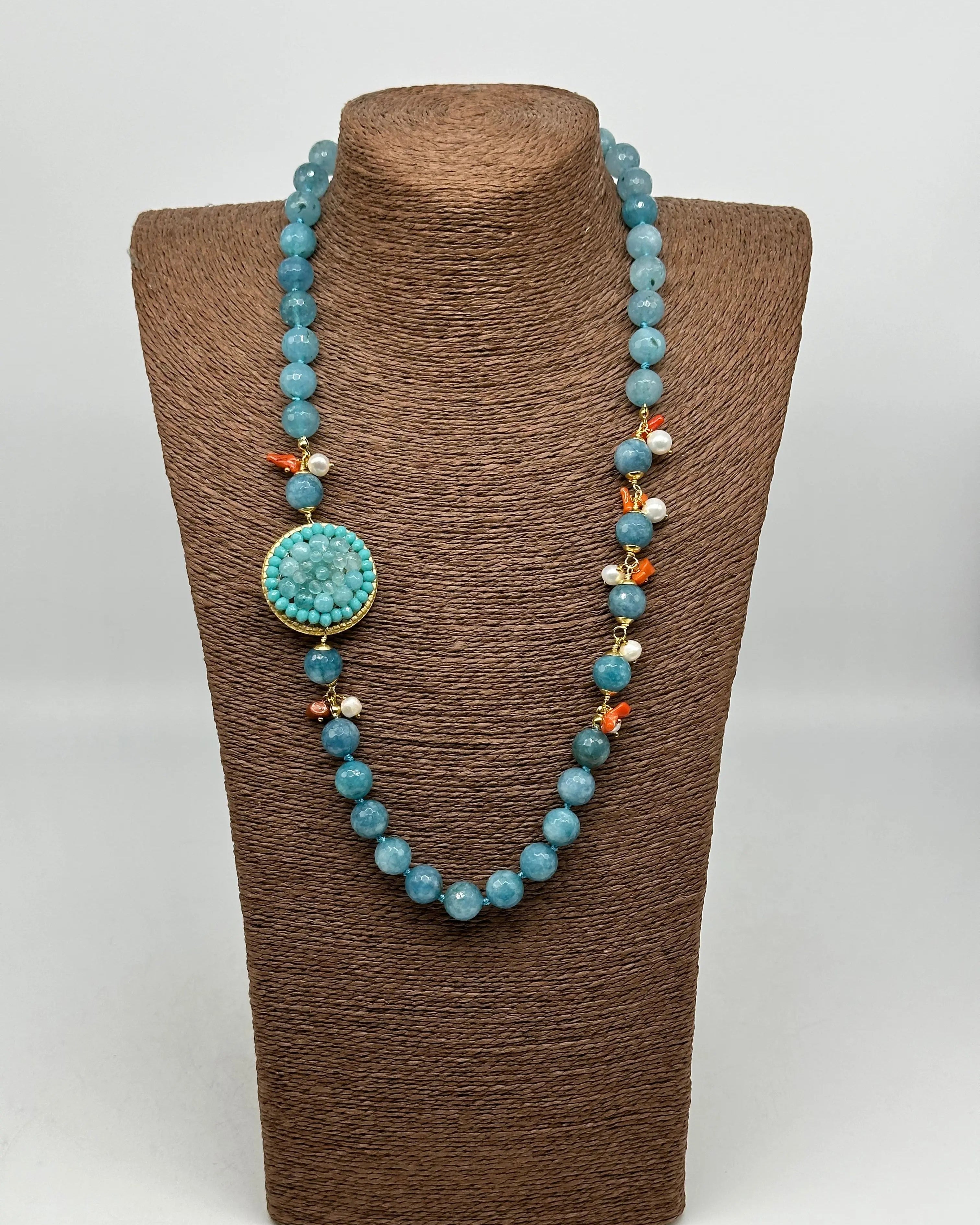 Collana Artigianale Pietre Azzurre, Corallo e Perle bianche V.2 DD CERAMICHE SICILIANE