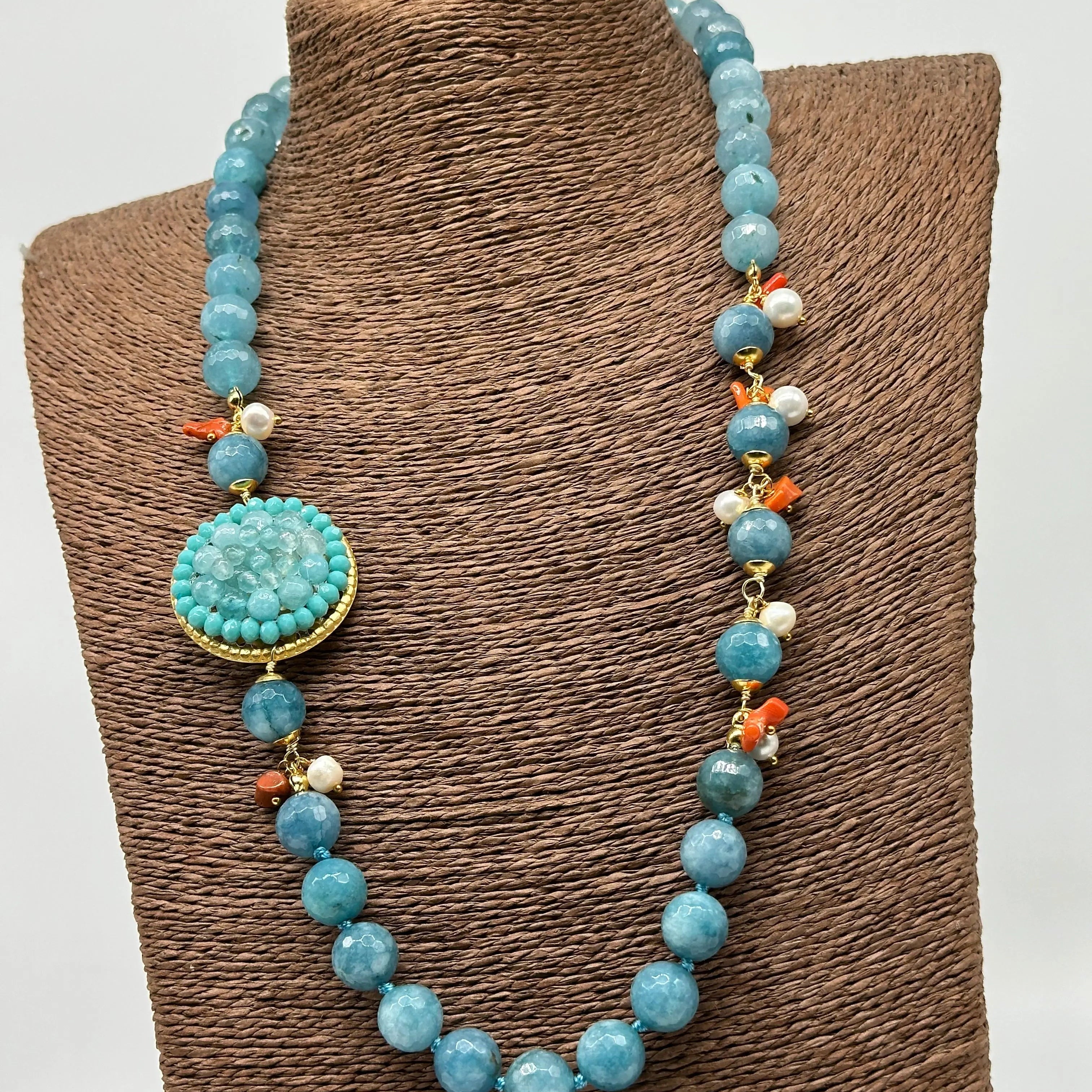 Collana Artigianale Pietre Azzurre, Corallo e Perle bianche V.2 DD CERAMICHE SICILIANE