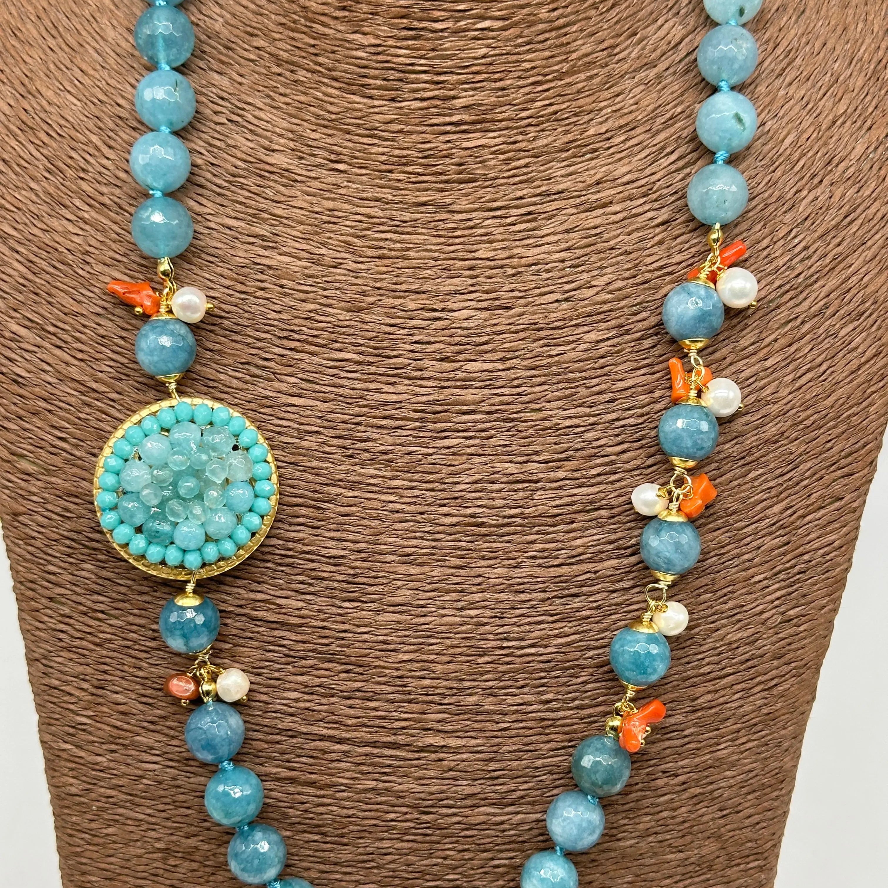Collana Artigianale Pietre Azzurre, Corallo e Perle bianche V.2 DD CERAMICHE SICILIANE