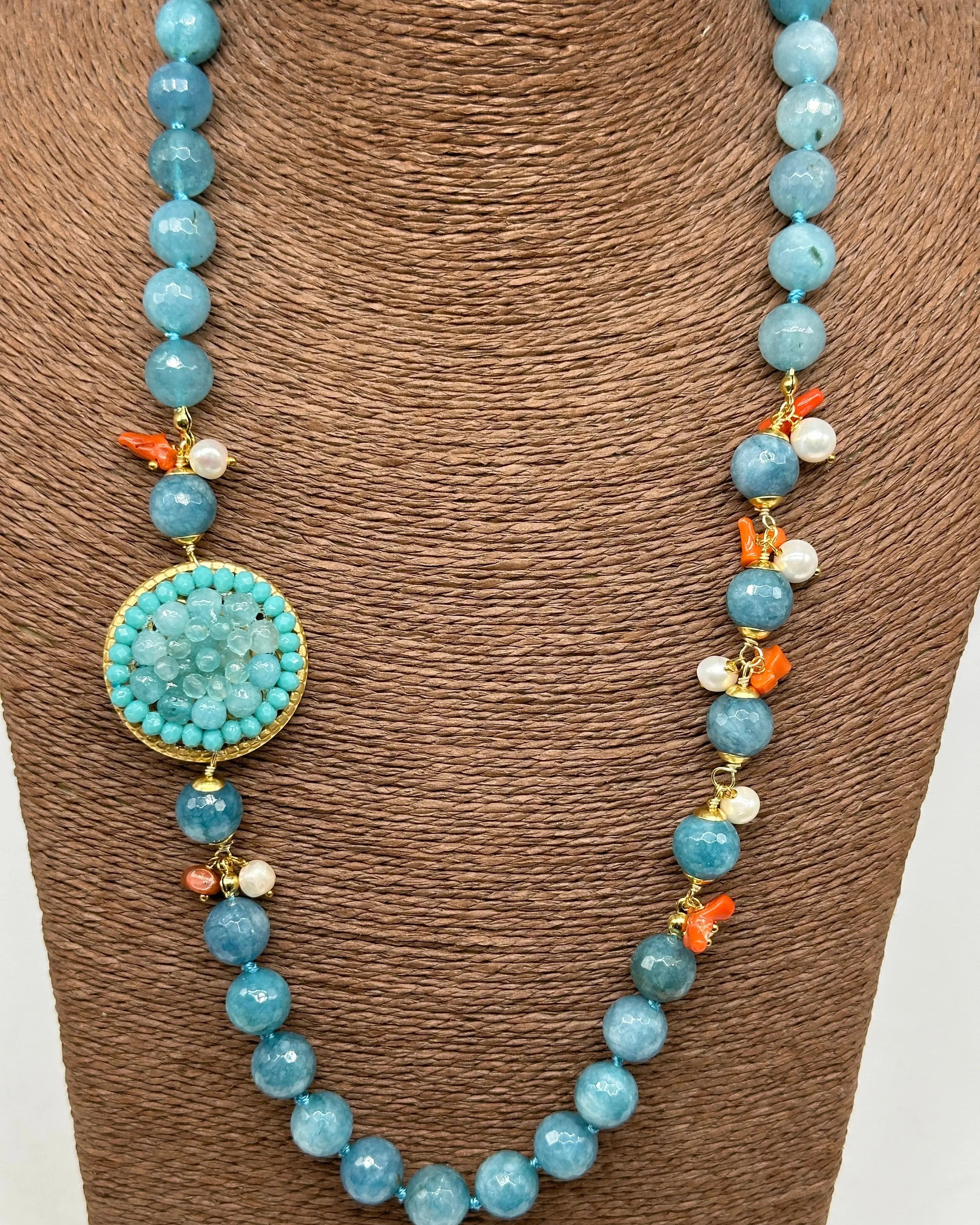 Collana Artigianale Pietre Azzurre, Corallo e Perle bianche V.2 DD CERAMICHE SICILIANE