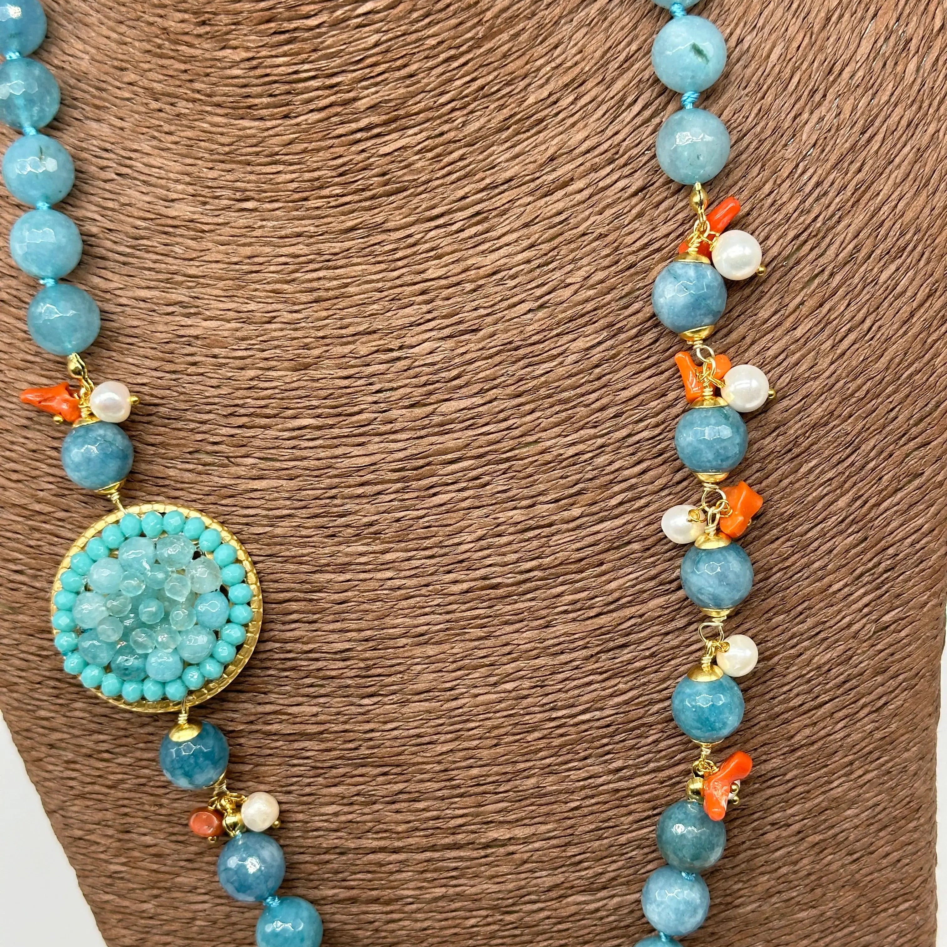 Collana Artigianale Pietre Azzurre, Corallo e Perle bianche V.2 DD CERAMICHE SICILIANE
