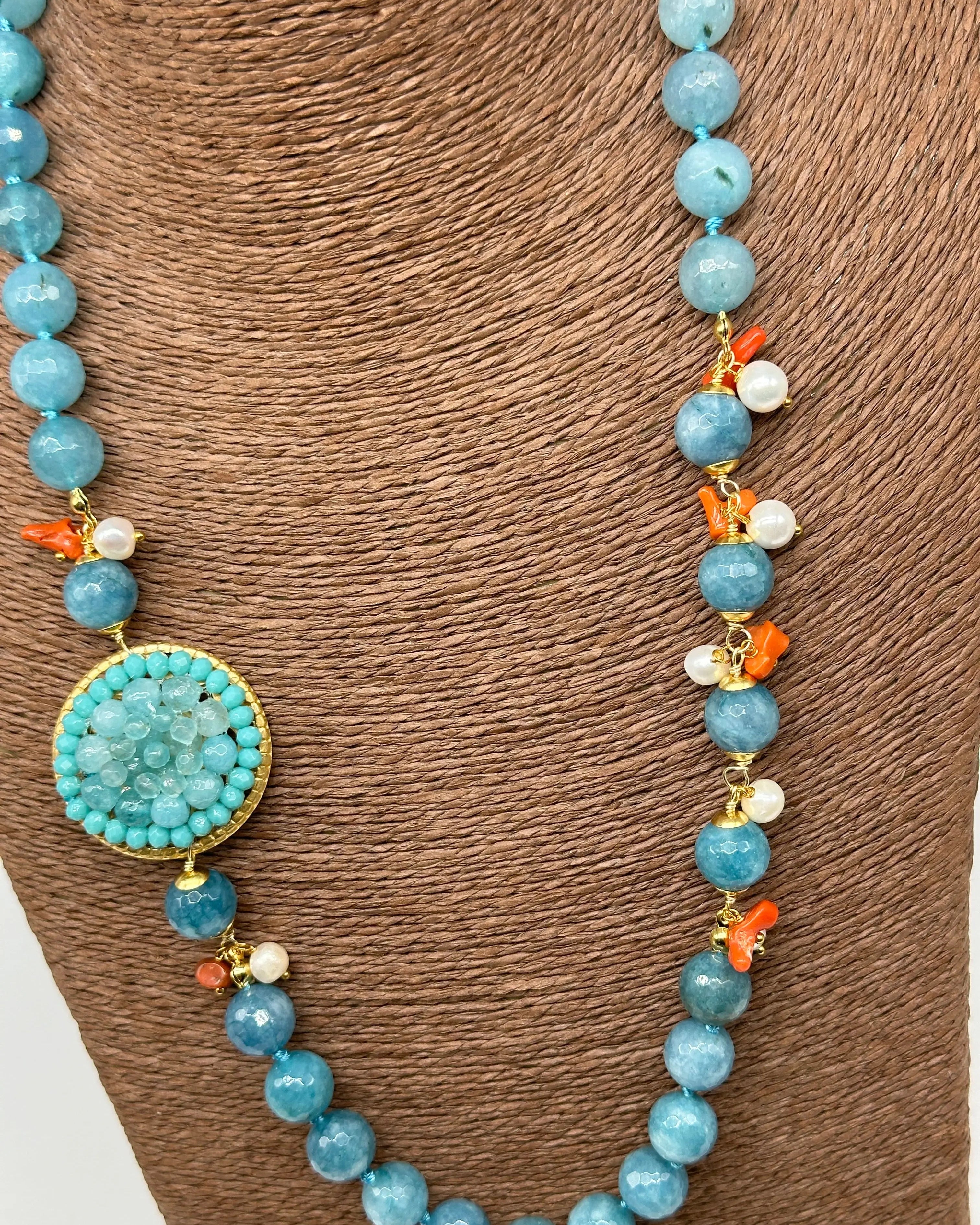Collana Artigianale Pietre Azzurre, Corallo e Perle bianche V.2 DD CERAMICHE SICILIANE