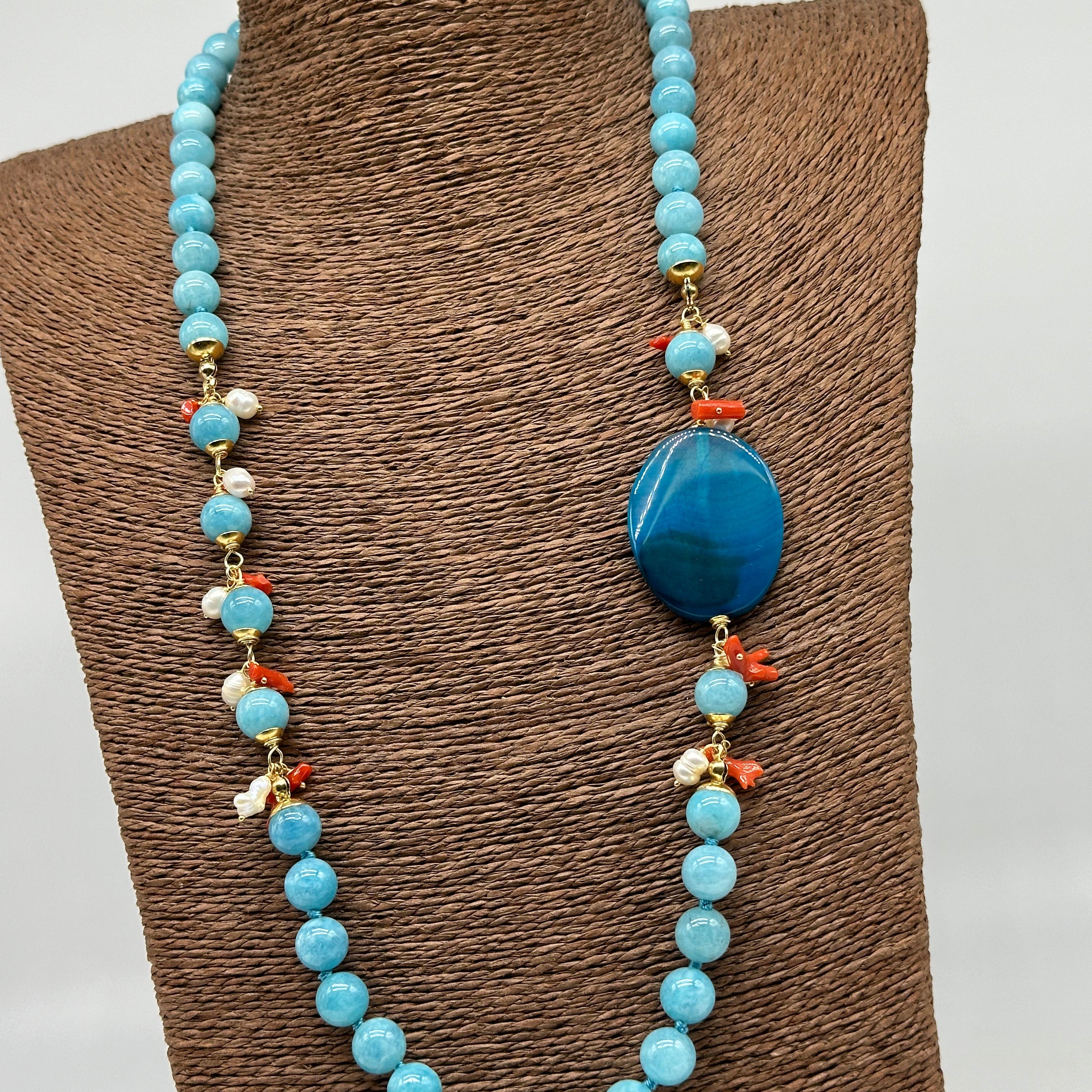 Collana Artigianale Pietre Turchese Corallo e Perle bianche BIJOUX