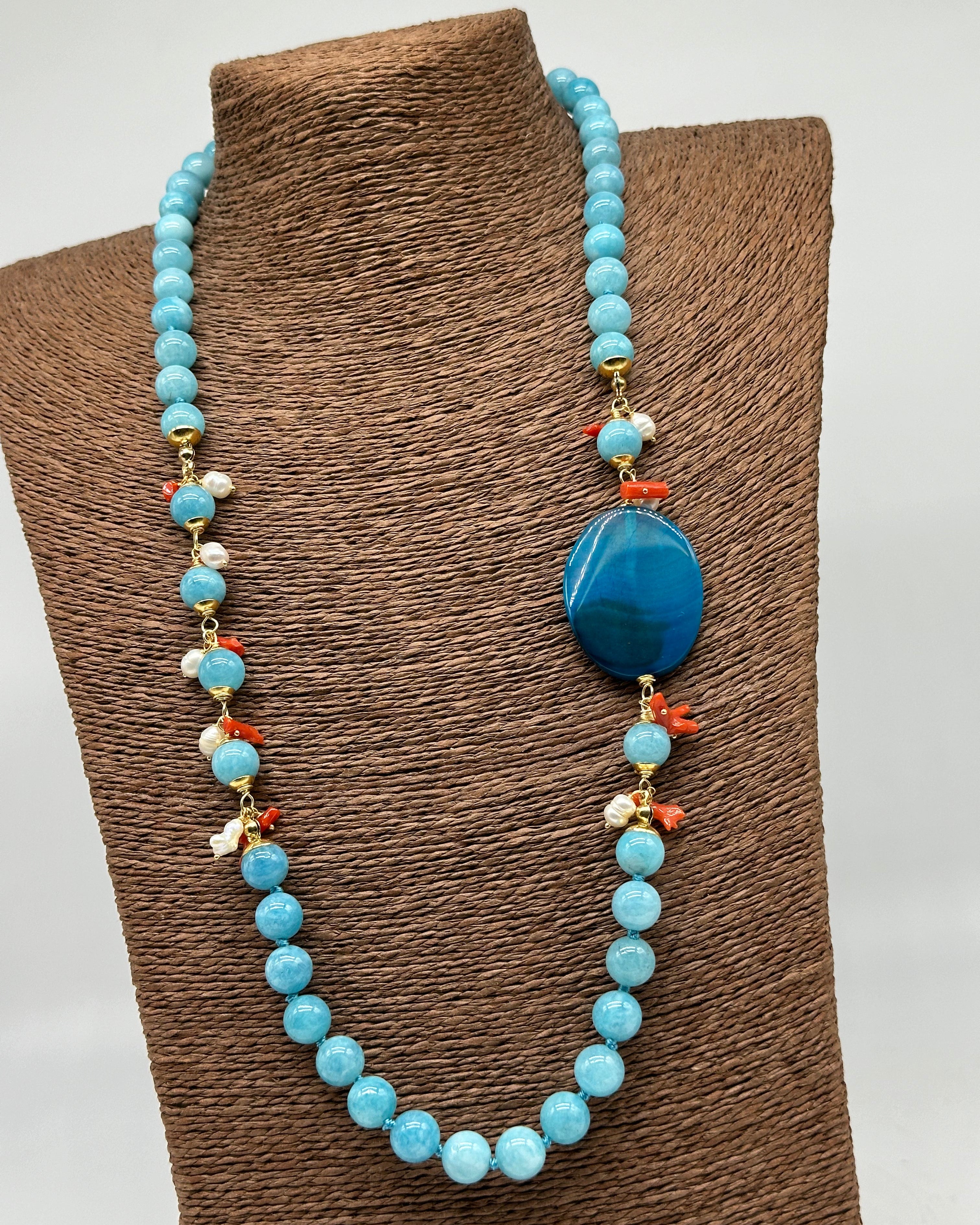 Collana Artigianale Pietre Turchese Corallo e Perle bianche BIJOUX