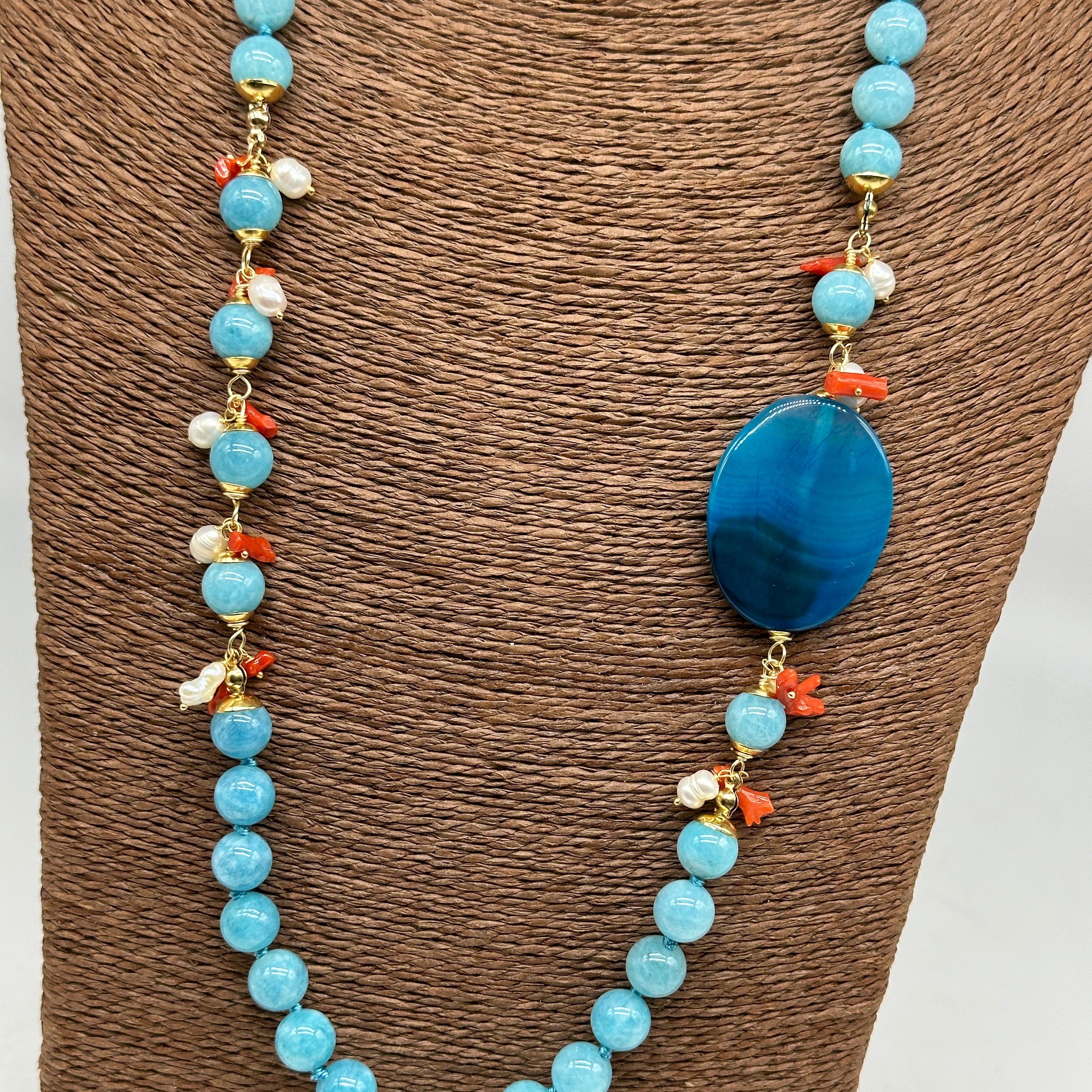 Collana Artigianale Pietre Turchese Corallo e Perle bianche BIJOUX