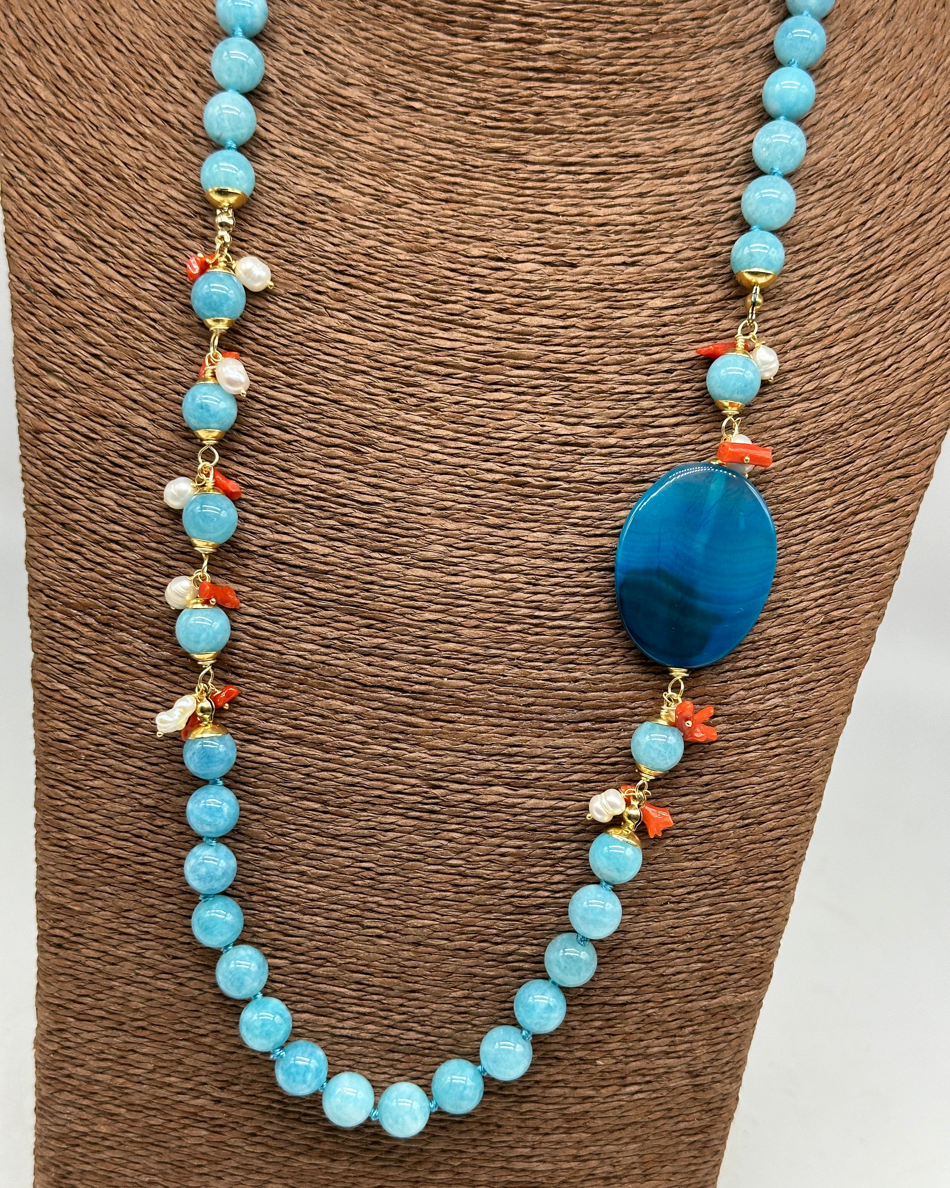 Collana Artigianale Pietre Turchese Corallo e Perle bianche BIJOUX