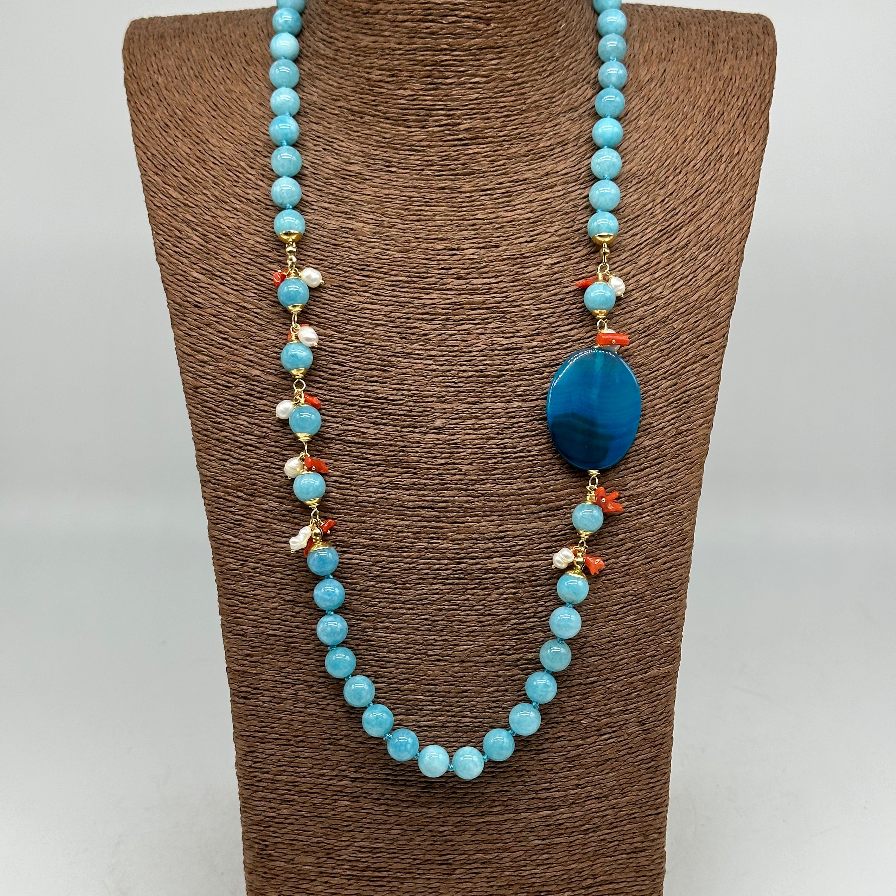Collana Artigianale Pietre Turchese Corallo e Perle bianche BIJOUX
