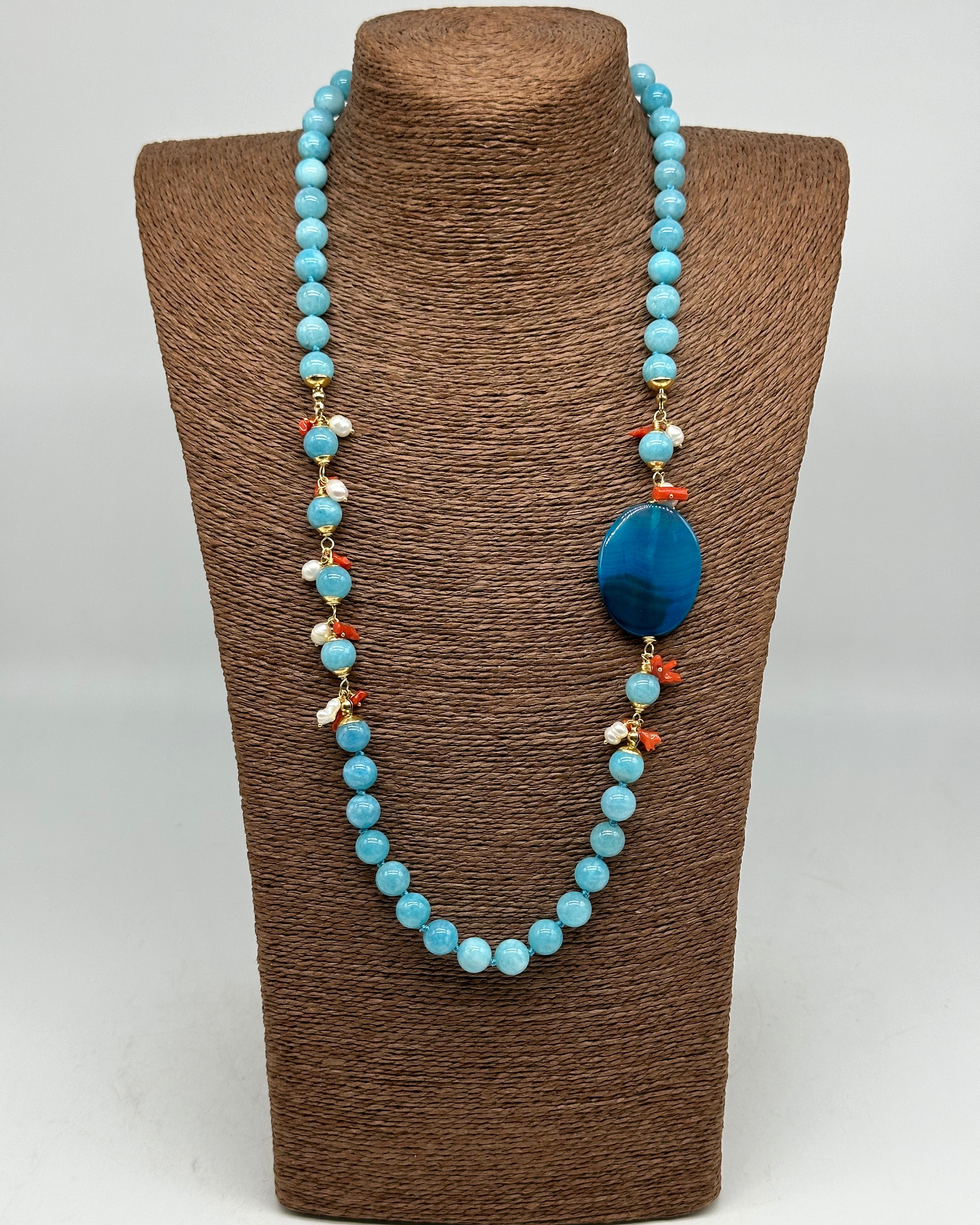 Collana Artigianale Pietre Turchese Corallo e Perle bianche BIJOUX