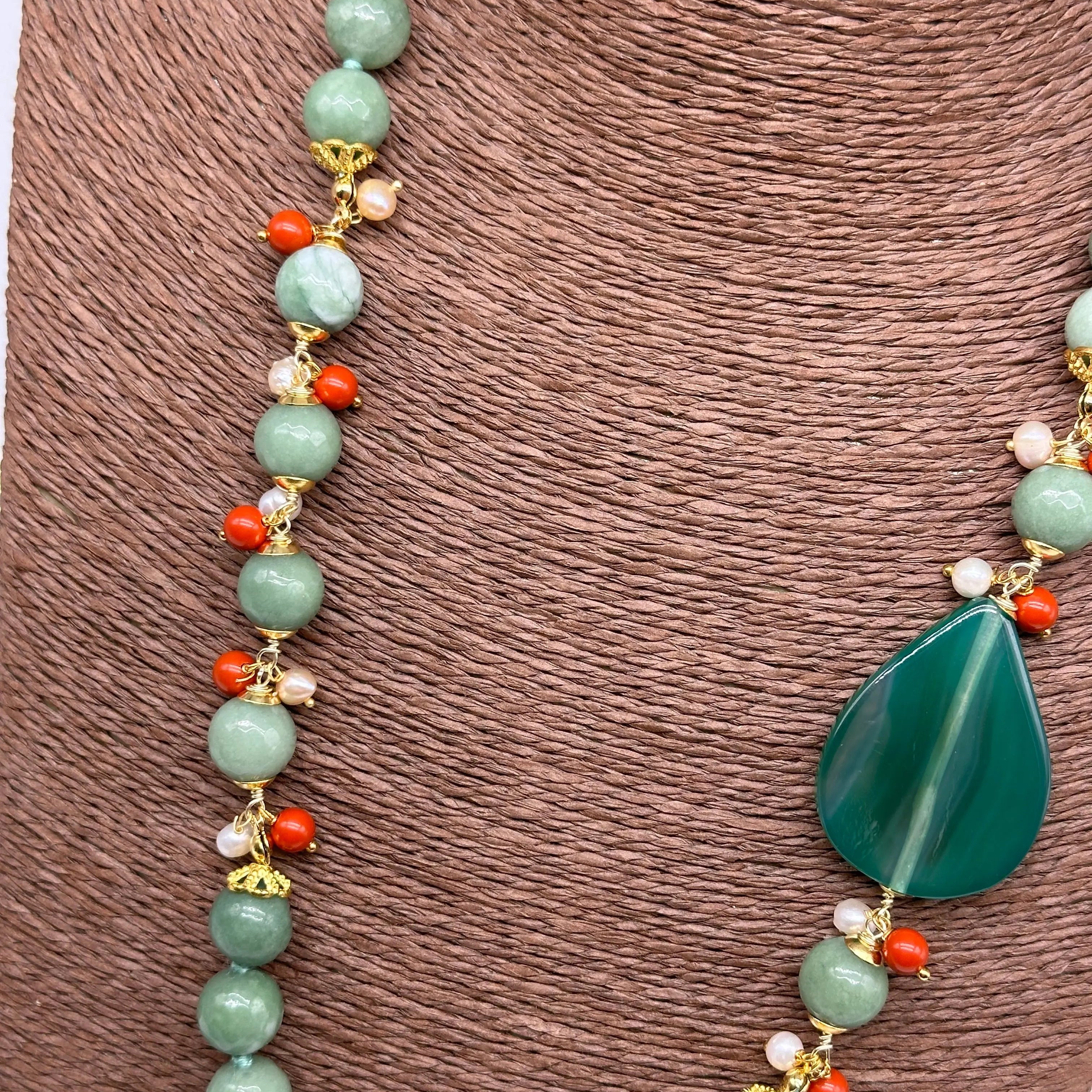 Collana Artigianale Pietre Verde, Corallo e Perle bianche V.4 DD CERAMICHE SICILIANE