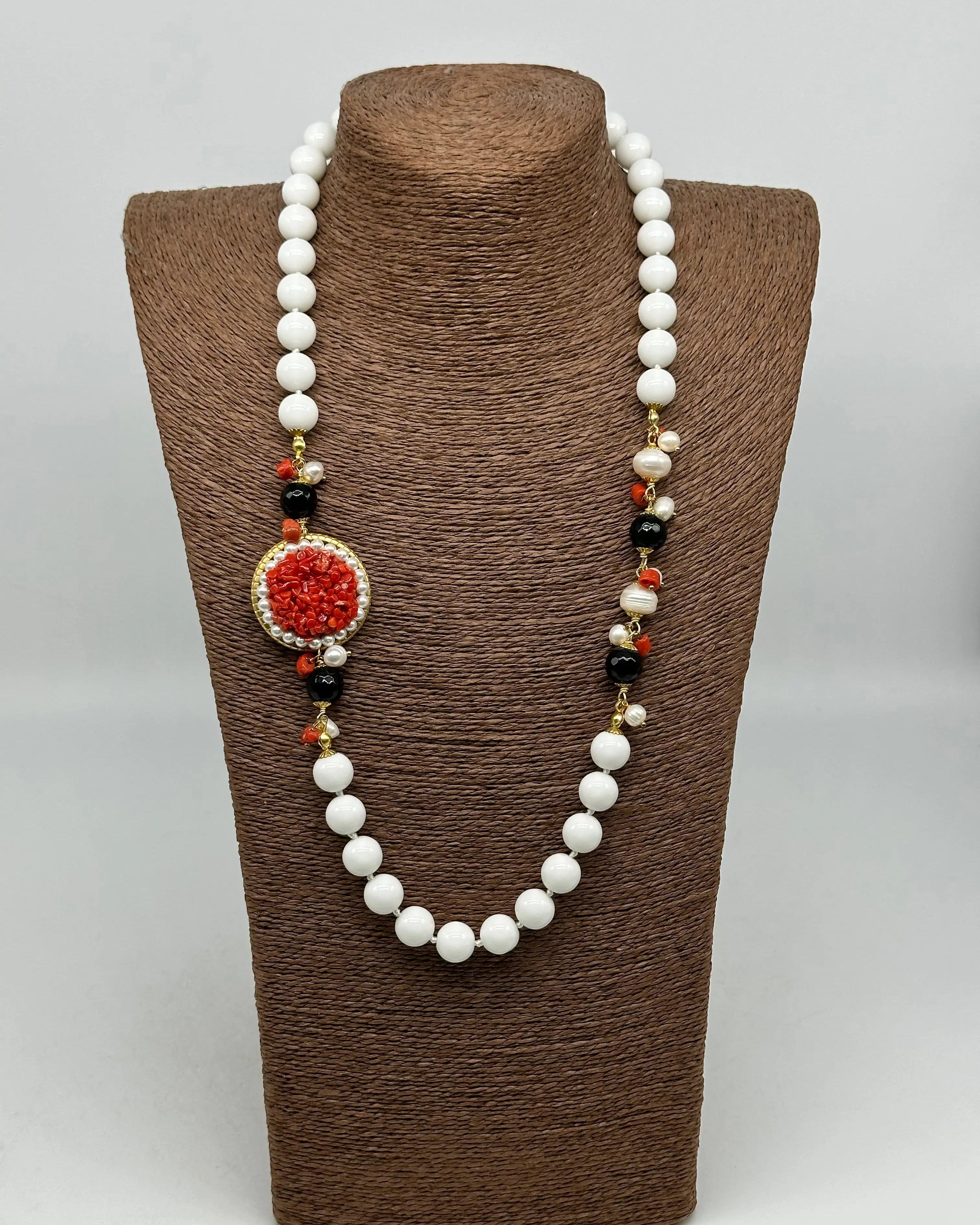 Collana Ceramica di Caltagirone Medaglione Corallo e Perle V.2 DD CERAMICHE SICILIANE