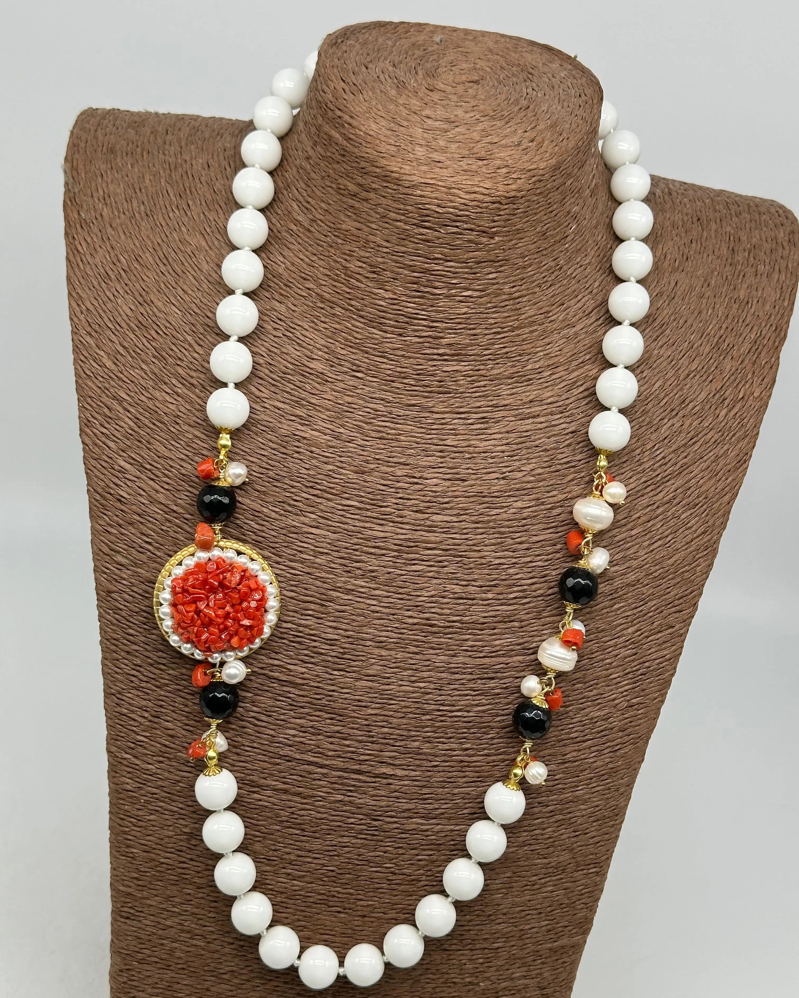 Collana Ceramica di Caltagirone Medaglione Corallo e Perle V.2 DD CERAMICHE SICILIANE