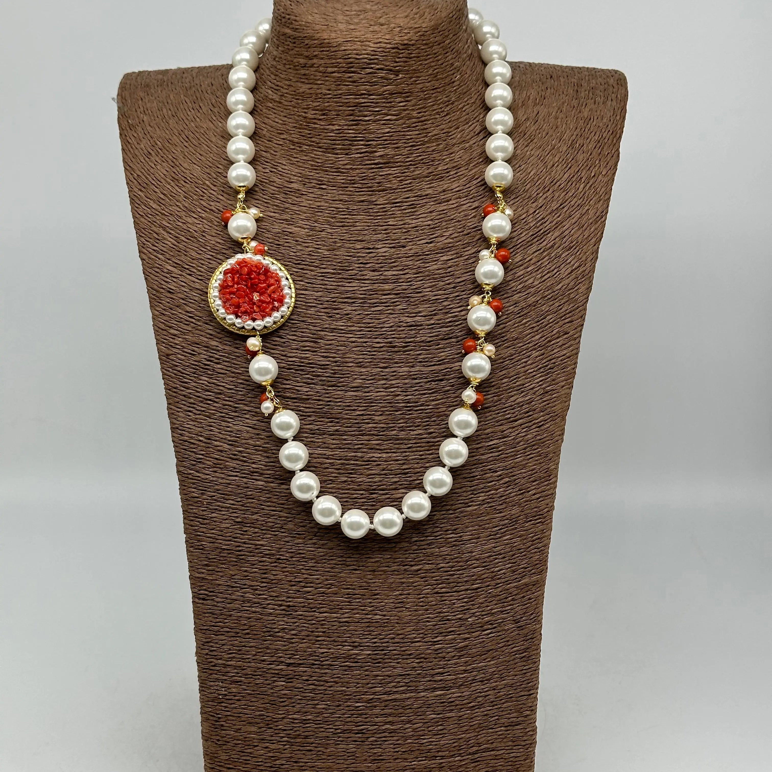 Collana Ceramica di Caltagirone Medaglione Corallo e Perle V.3 DD CERAMICHE SICILIANE