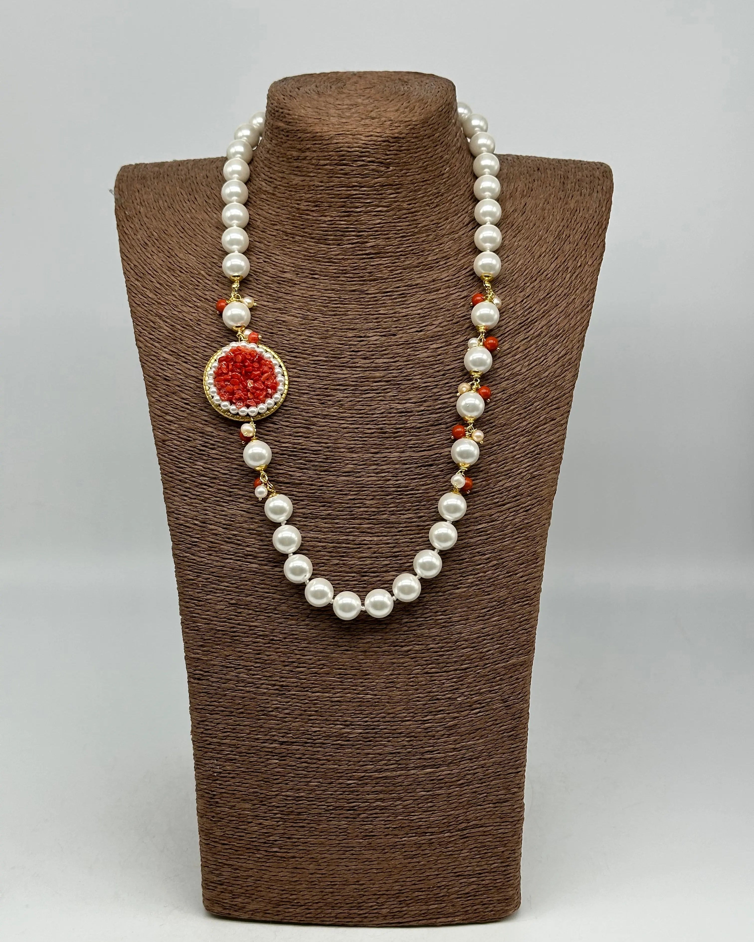 Collana Ceramica di Caltagirone Medaglione Corallo e Perle V.3 DD CERAMICHE SICILIANE