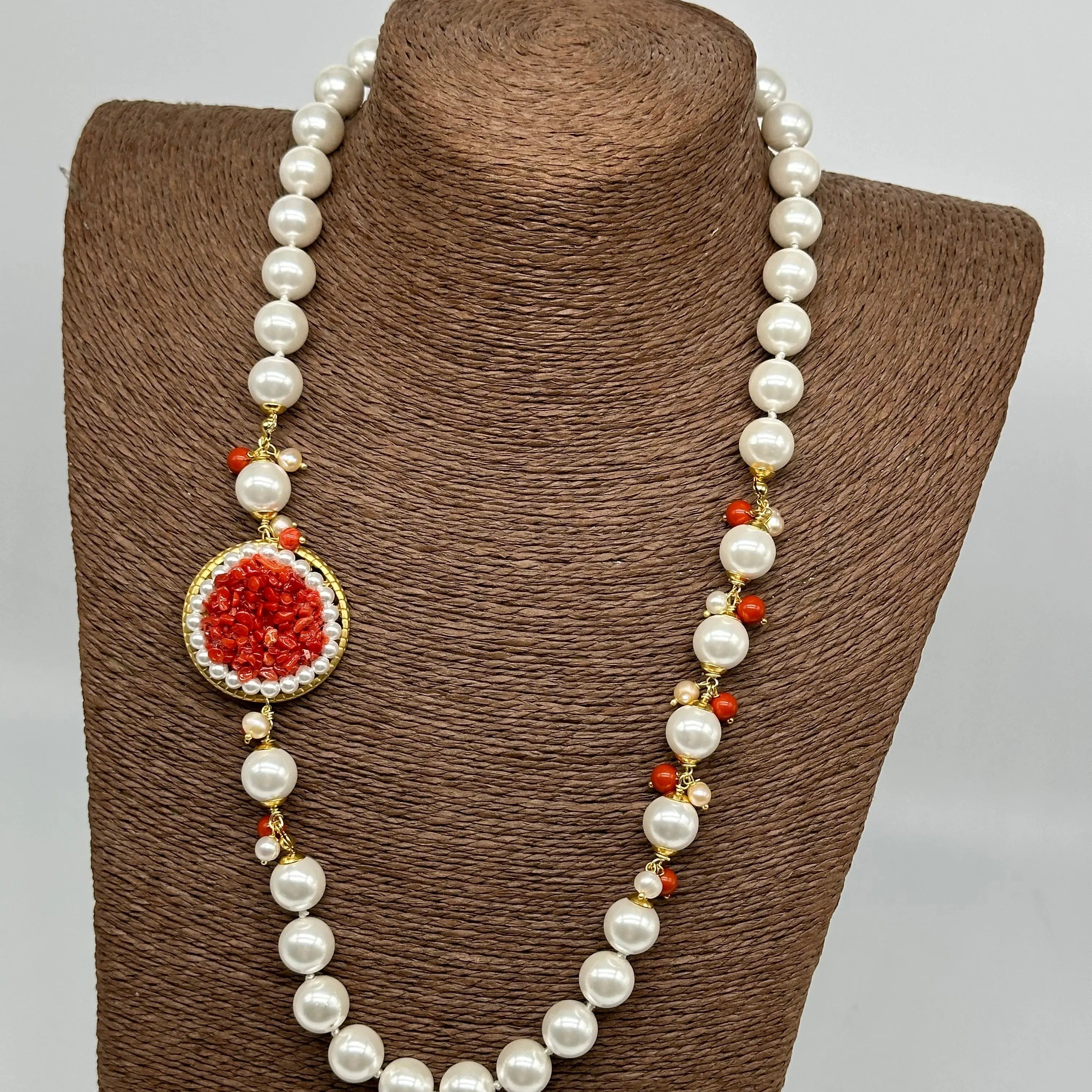 Collana Ceramica di Caltagirone Medaglione Corallo e Perle V.3 DD CERAMICHE SICILIANE