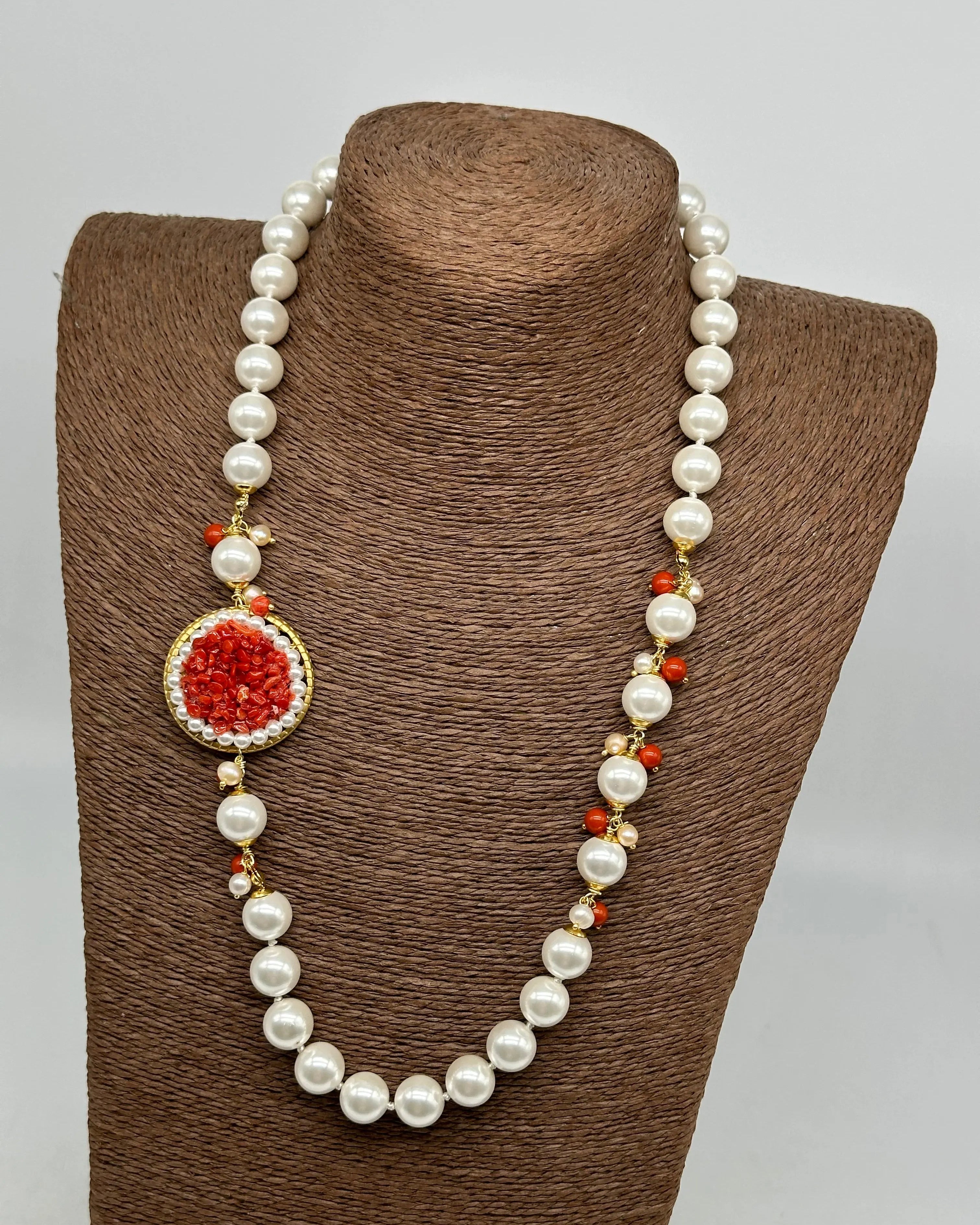 Collana Ceramica di Caltagirone Medaglione Corallo e Perle V.3 DD CERAMICHE SICILIANE